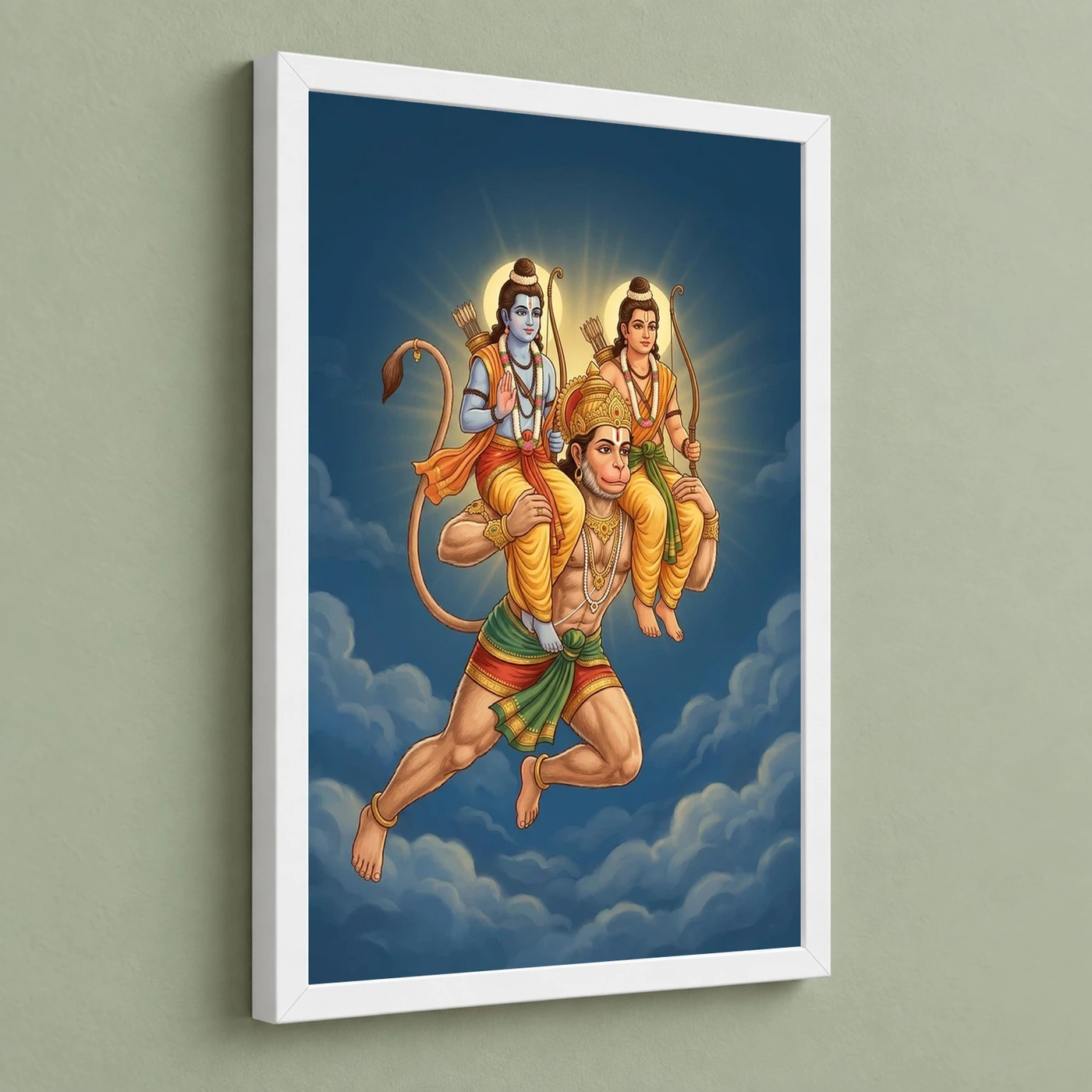 Hanuman Carrying Ram Laxman Flying Blue Sky Devotional Art Photo Frame, view 5