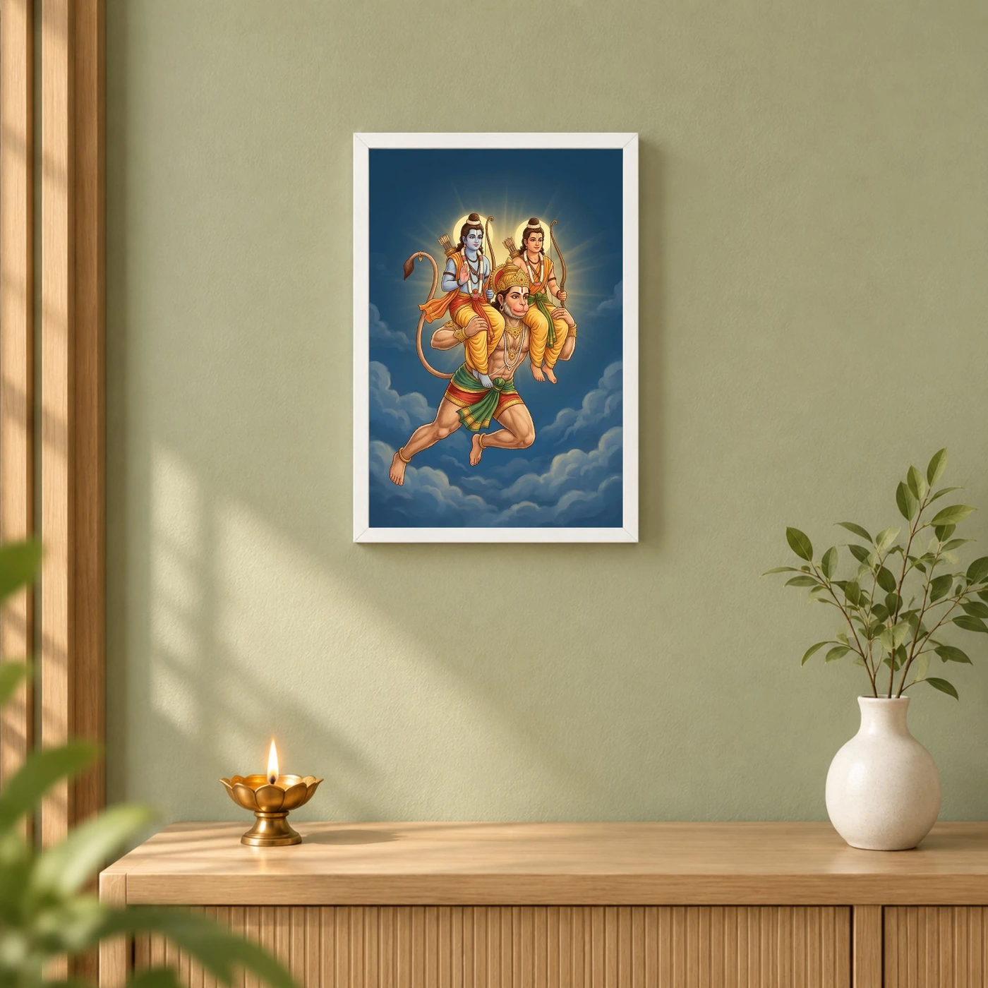 Hanuman Carrying Ram Laxman Flying Blue Sky Devotional Art Photo Frame, view 6