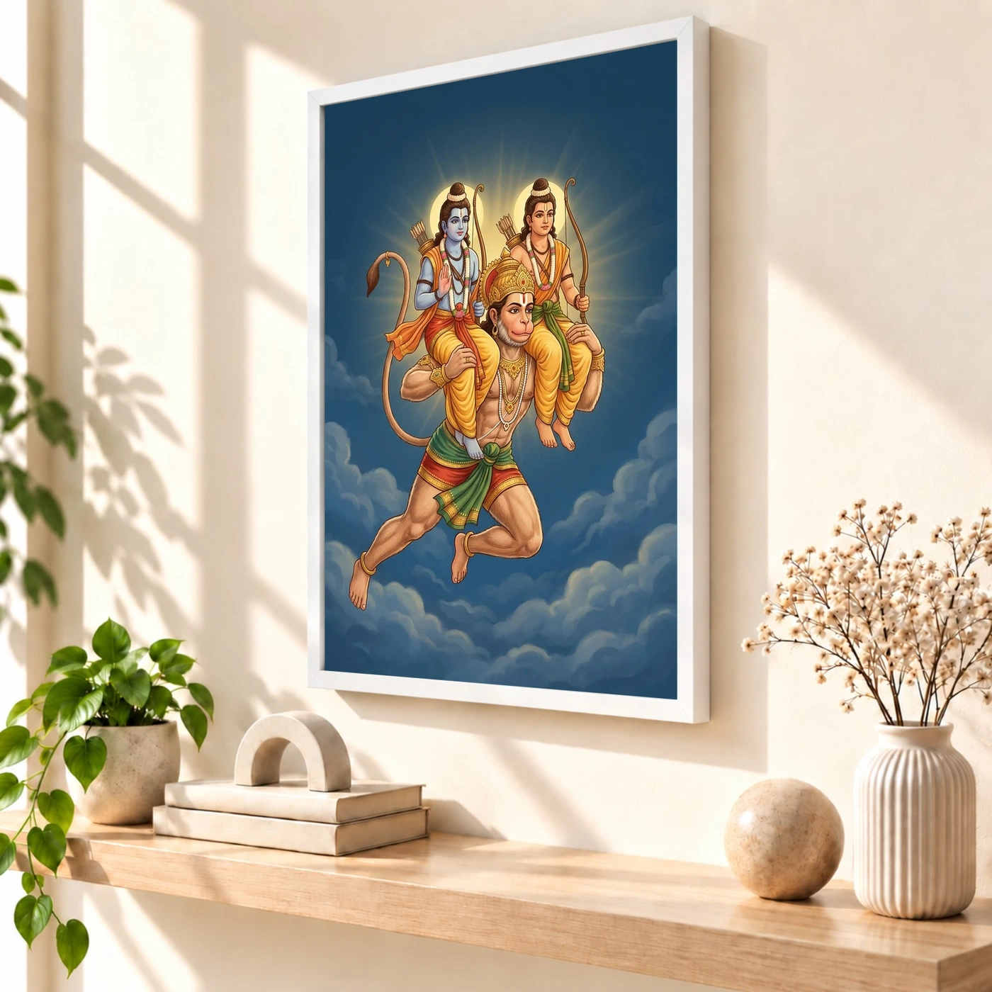 Hanuman Carrying Ram Laxman Flying Blue Sky Devotional Art Photo Frame, view 7