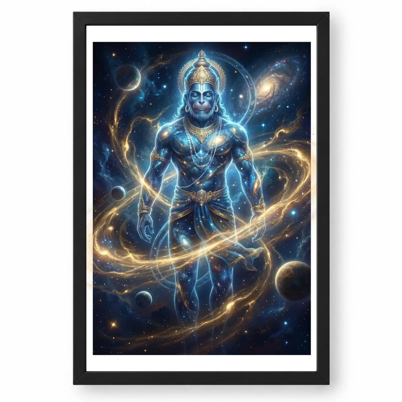 Hanuman Cosmic Galaxy Stars Divine Energy Blue Gold Art Photo Frame