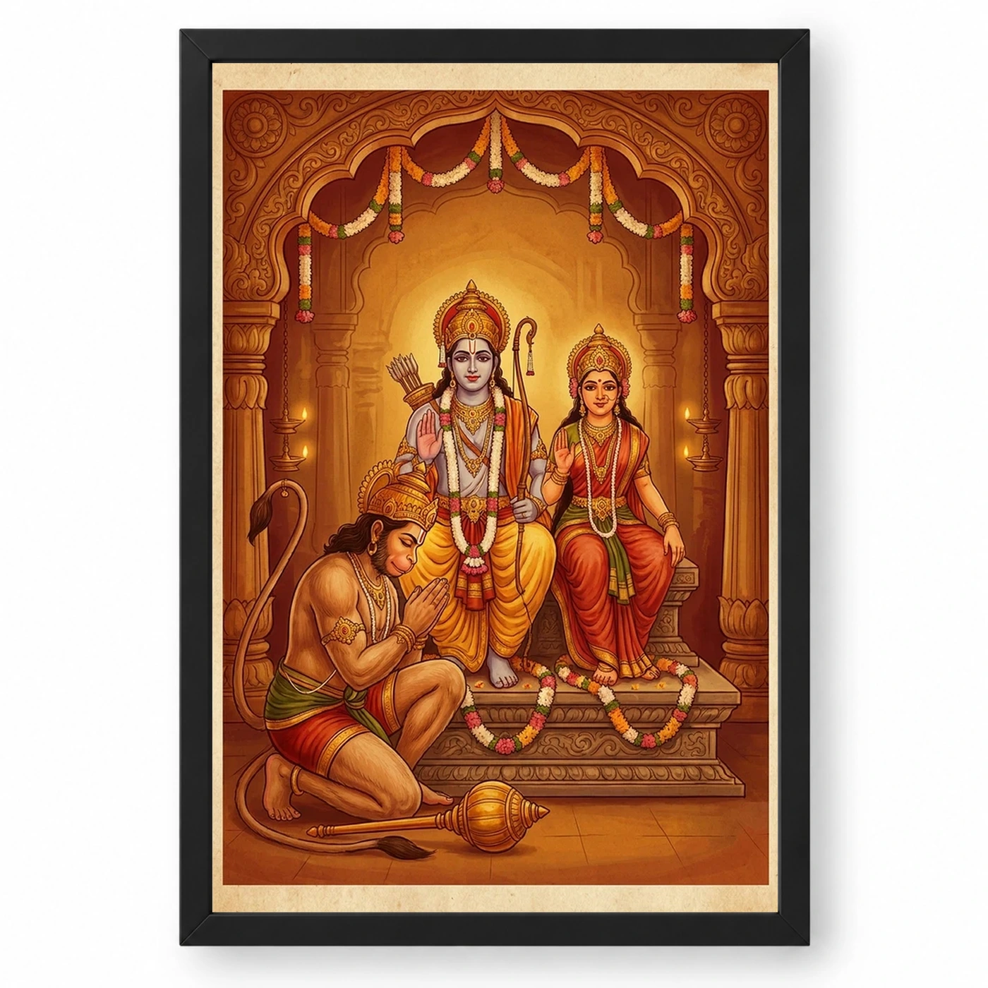 Hanuman Devotional Prayer Ram Sita Saffron Temple Art Photo Frame