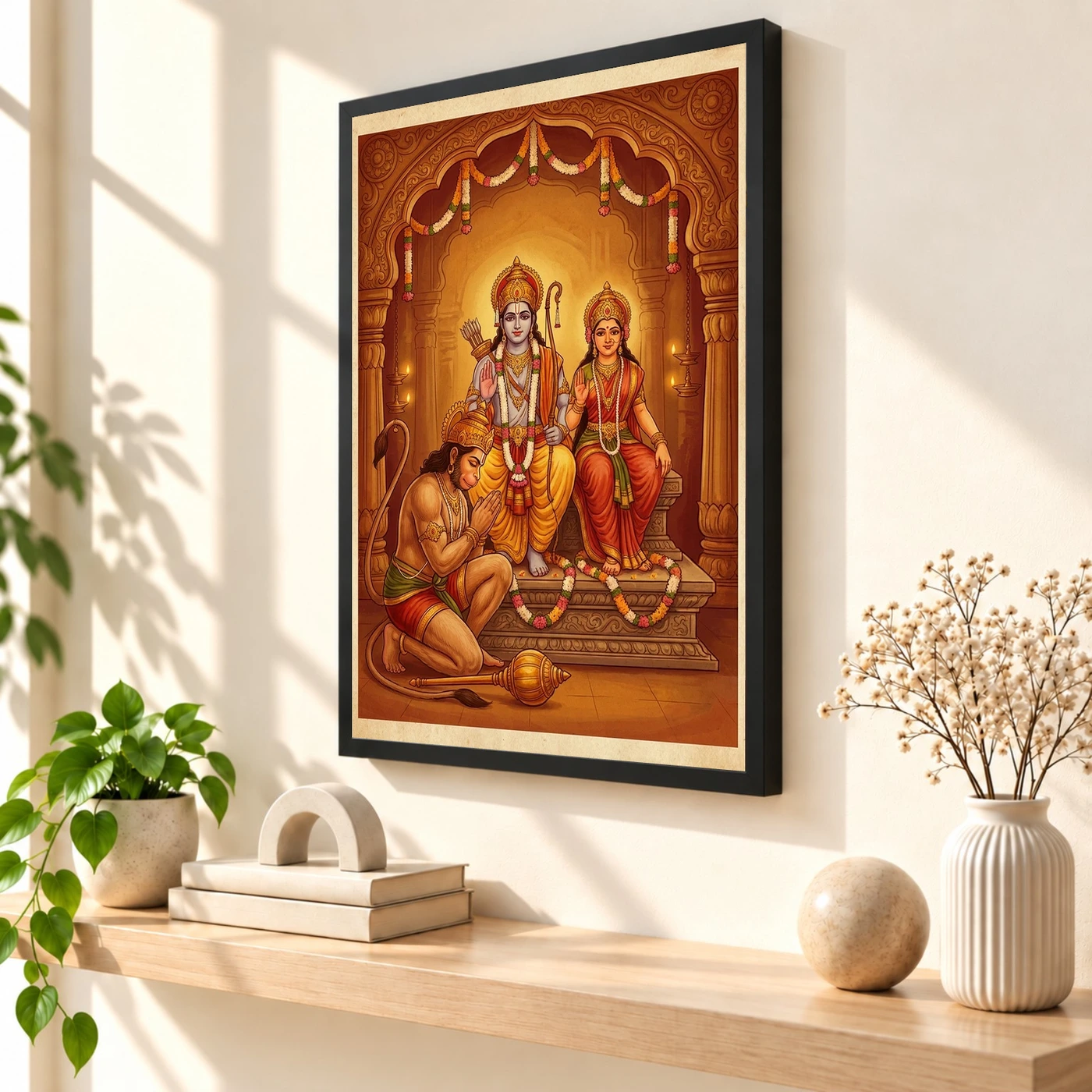 Hanuman Devotional Prayer Ram Sita Saffron Temple Art Photo Frame, view 2