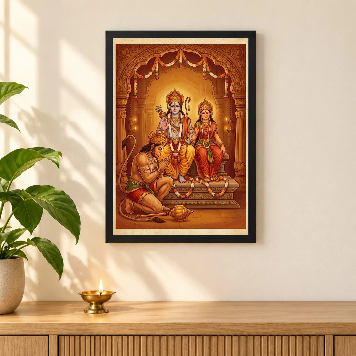 Hanuman Devotional Prayer Ram Sita Saffron Temple Art Photo Frame, view 3
