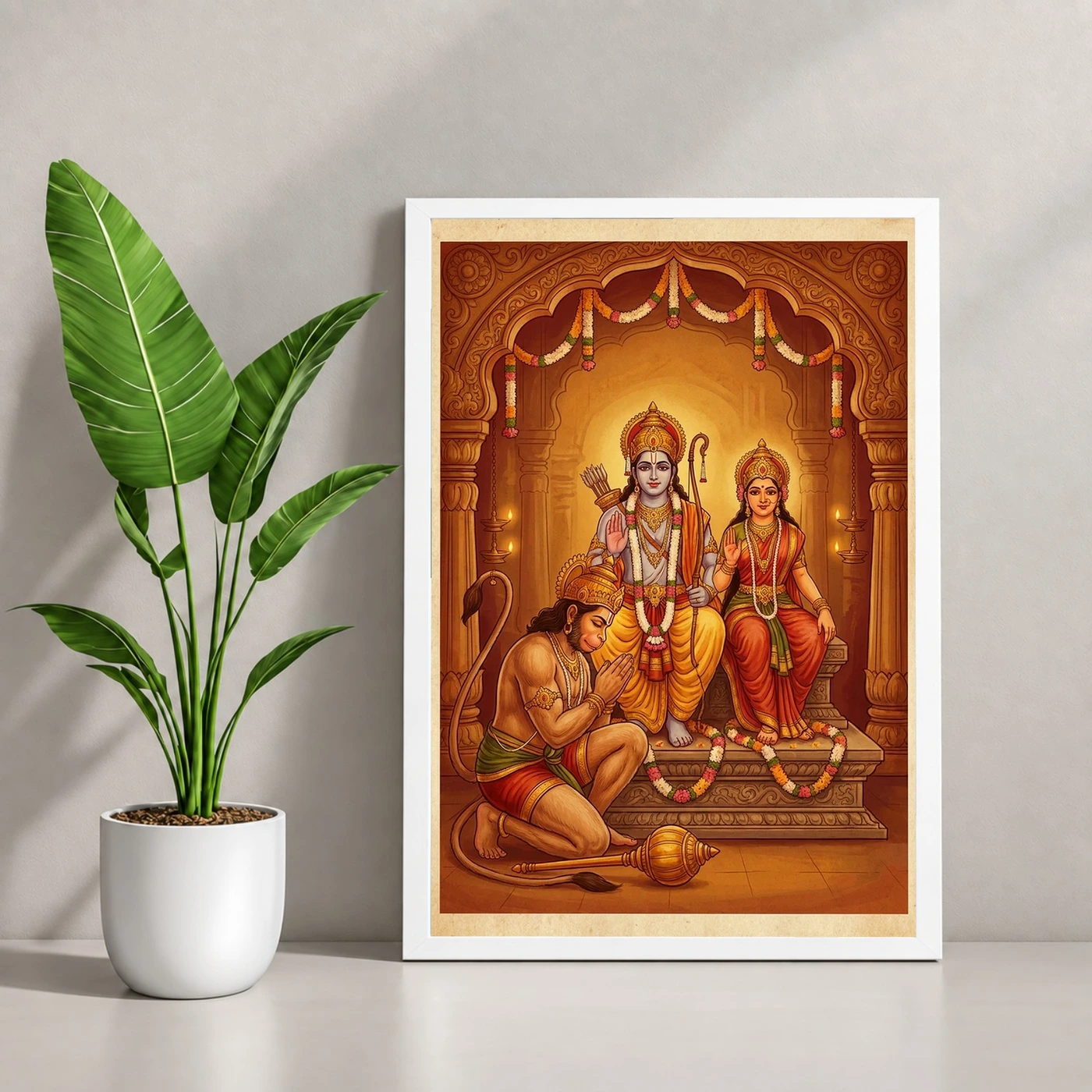 Hanuman Devotional Prayer Ram Sita Saffron Temple Art Photo Frame, view 4