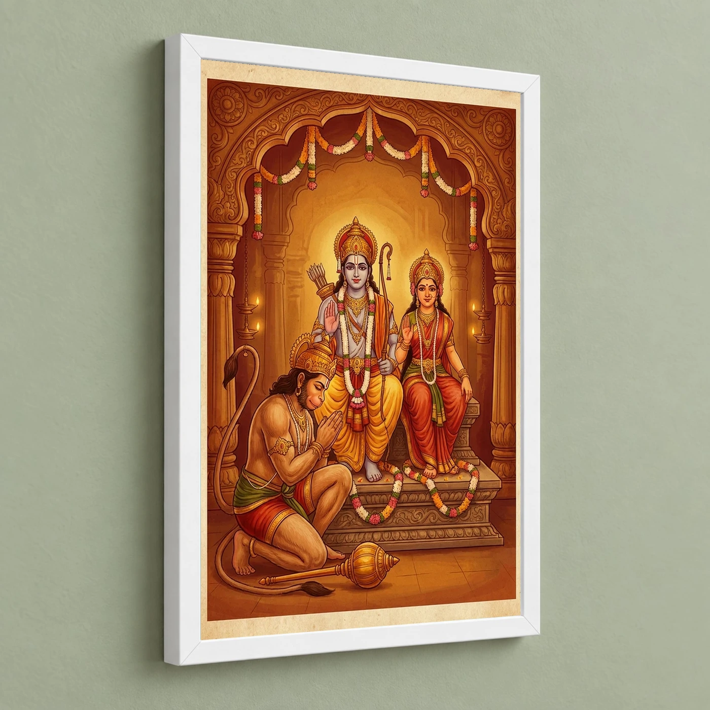 Hanuman Devotional Prayer Ram Sita Saffron Temple Art Photo Frame, view 5