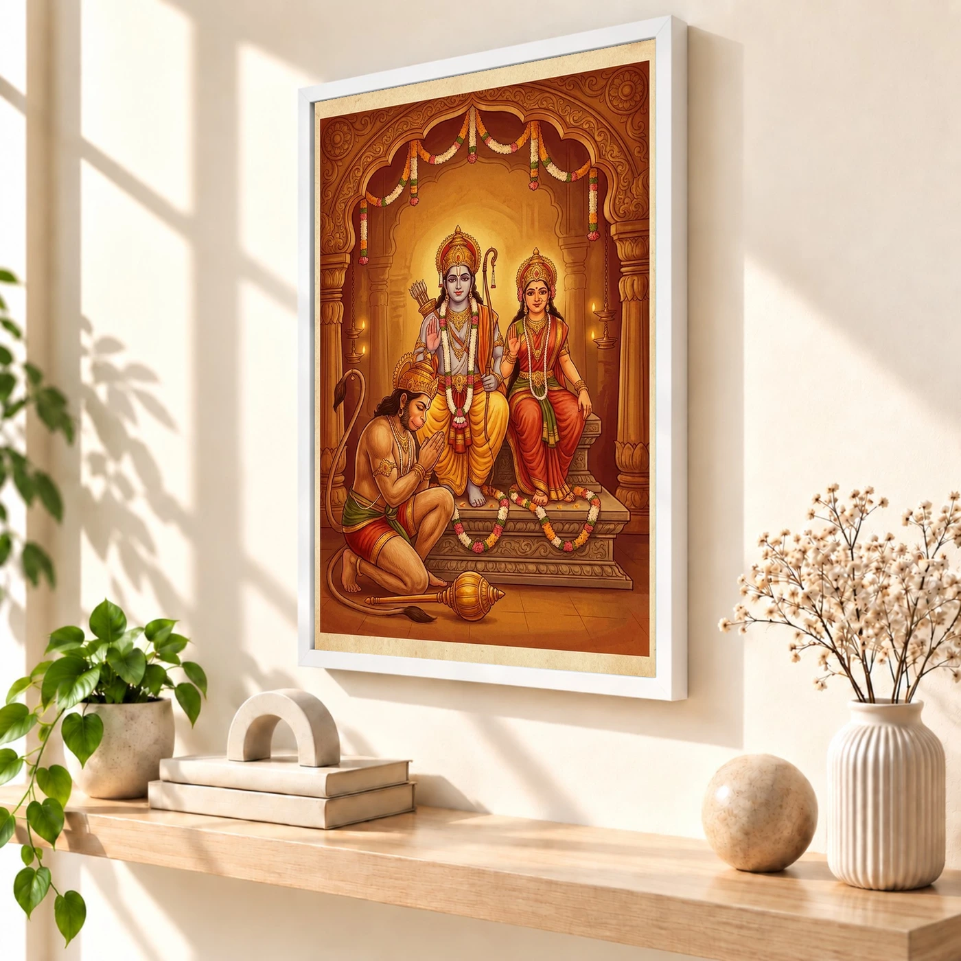 Hanuman Devotional Prayer Ram Sita Saffron Temple Art Photo Frame, view 7