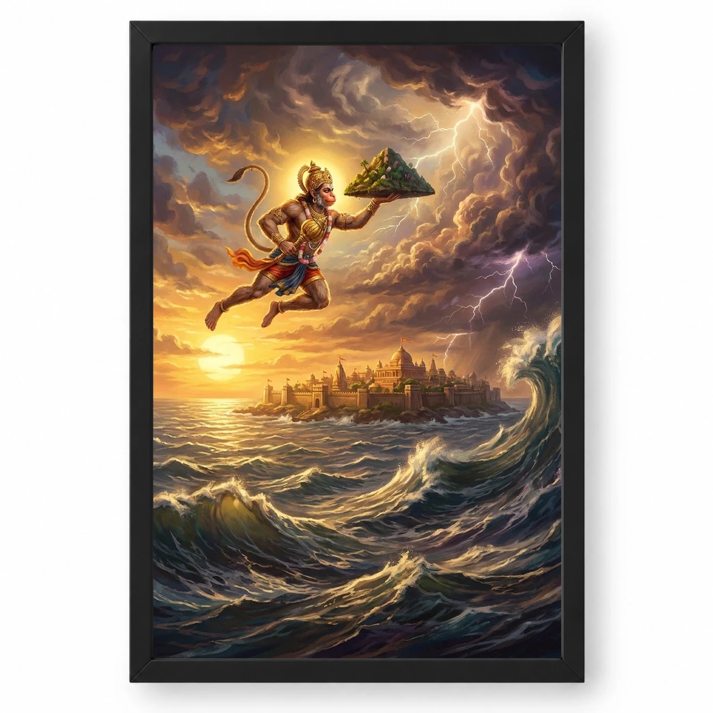 Hanuman Flying Ocean Lanka Golden Glow Ramayana Art Photo Frame