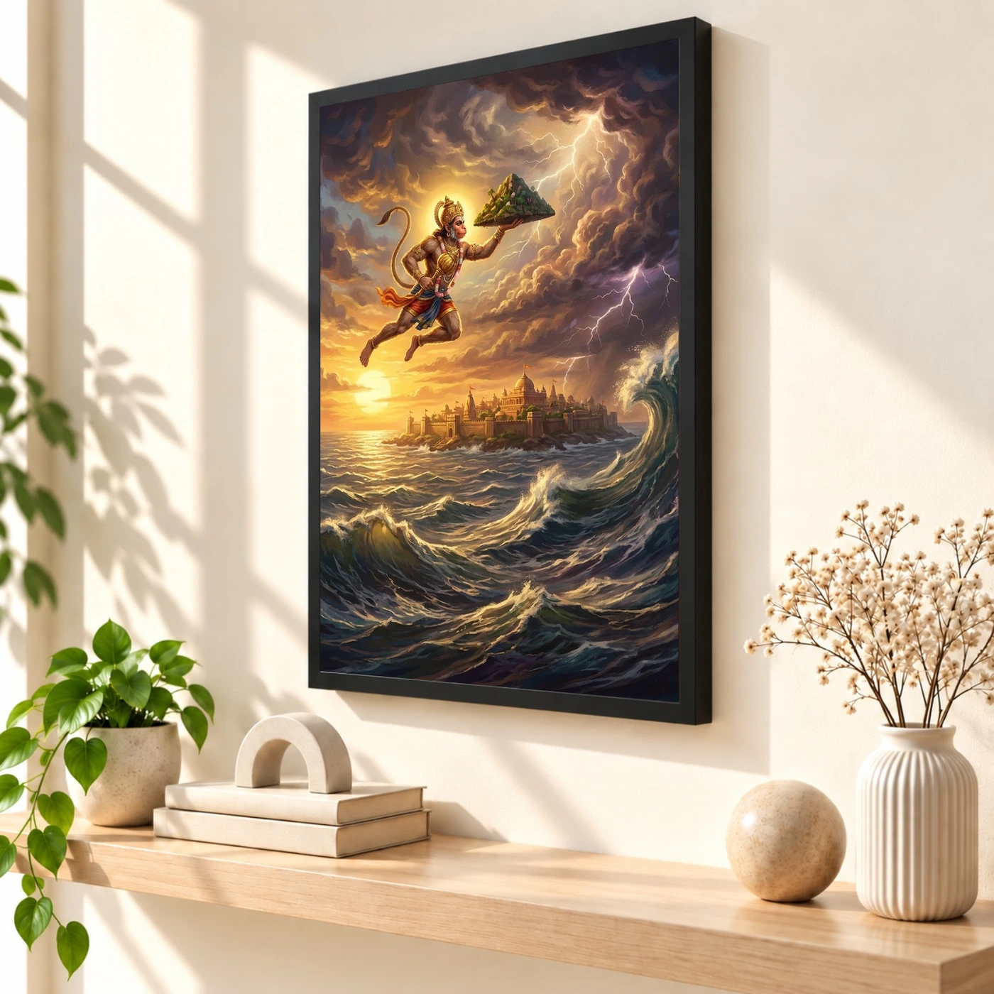 Hanuman Flying Ocean Lanka Golden Glow Ramayana Art Photo Frame, view 2