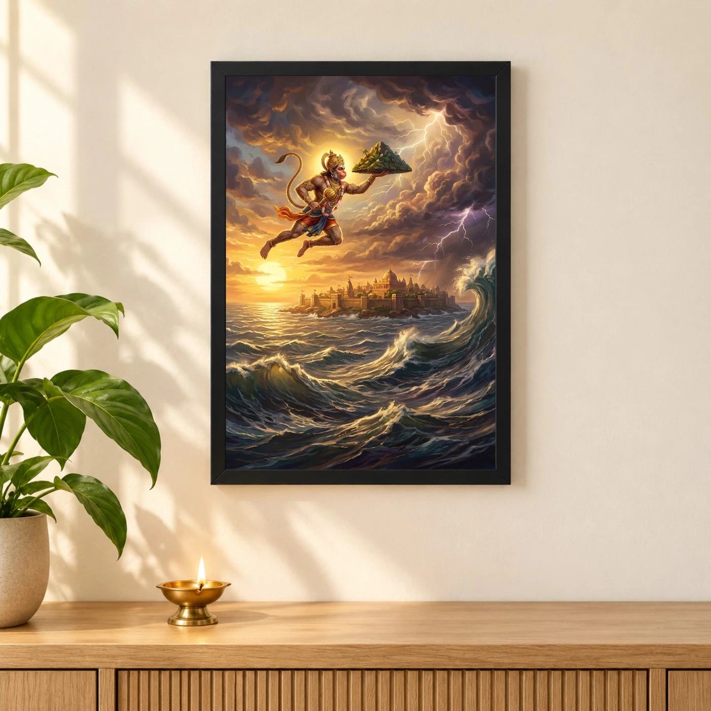 Hanuman Flying Ocean Lanka Golden Glow Ramayana Art Photo Frame, view 3