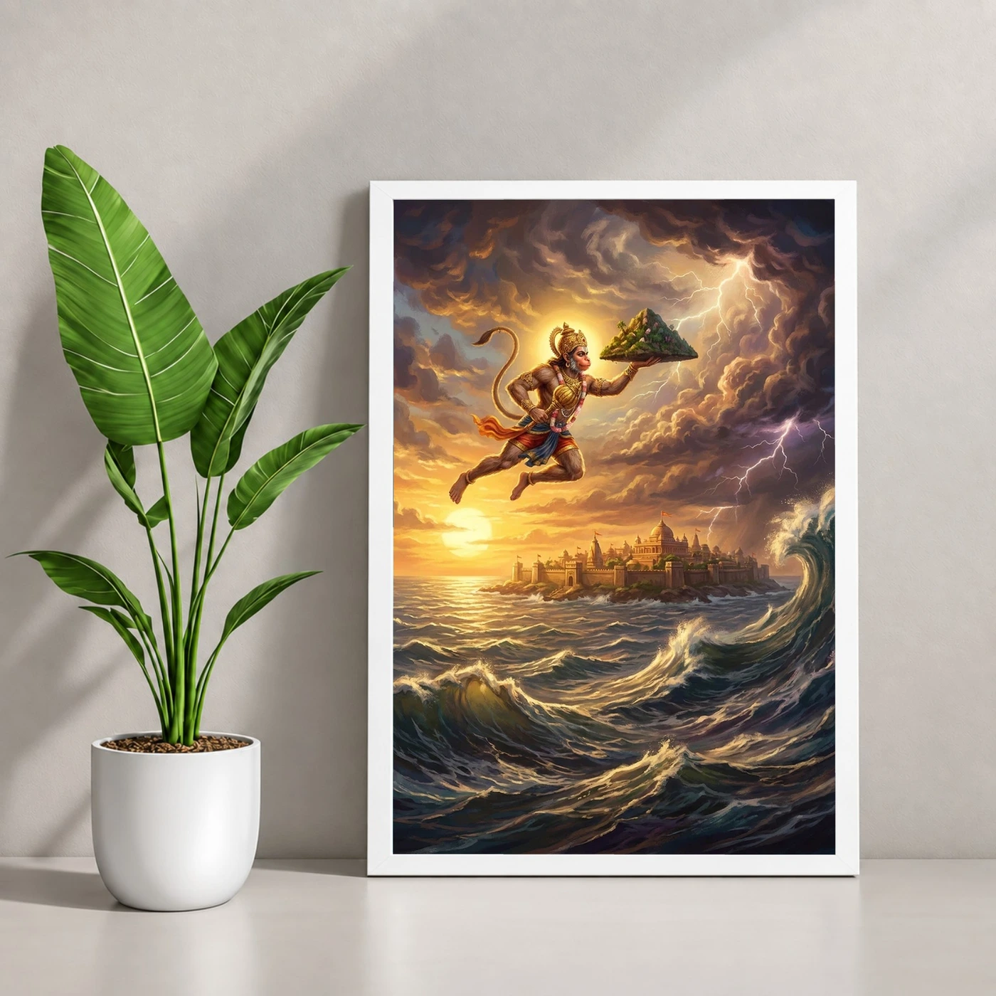 Hanuman Flying Ocean Lanka Golden Glow Ramayana Art Photo Frame, view 4