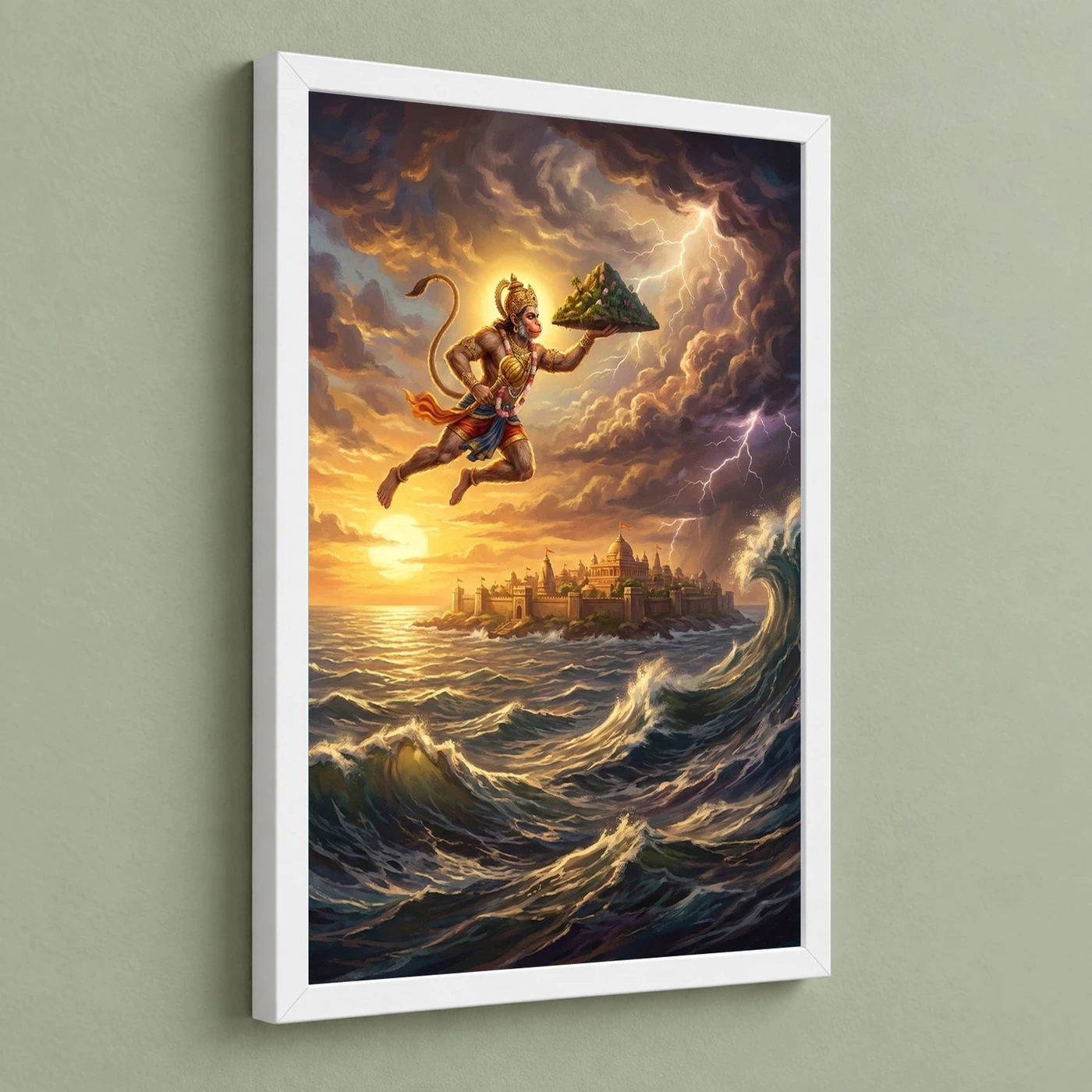 Hanuman Flying Ocean Lanka Golden Glow Ramayana Art Photo Frame, view 5
