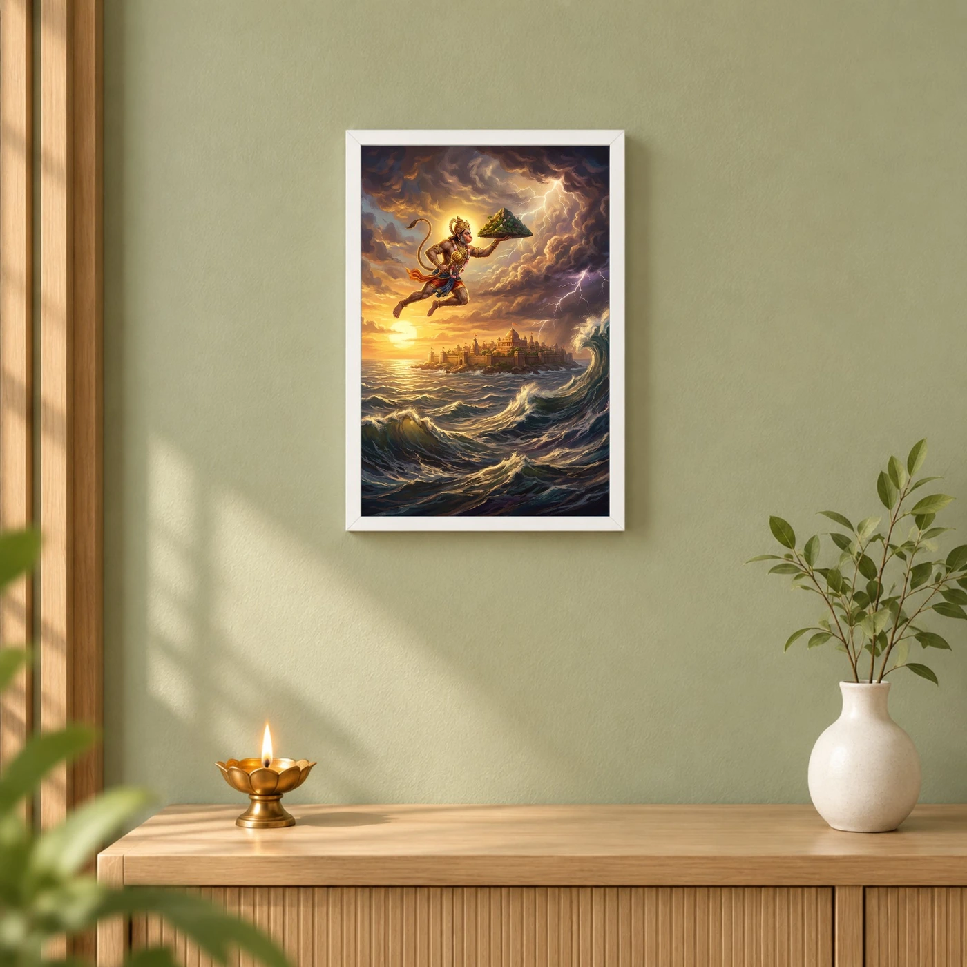 Hanuman Flying Ocean Lanka Golden Glow Ramayana Art Photo Frame, view 6