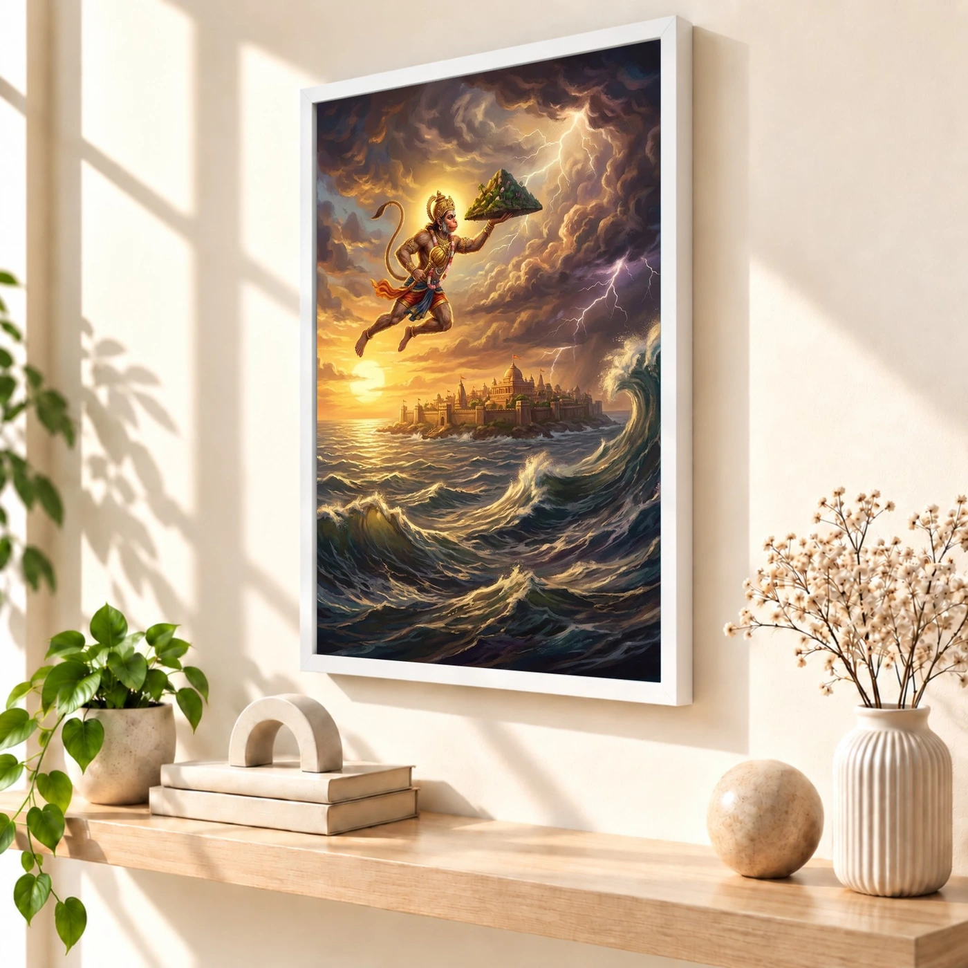 Hanuman Flying Ocean Lanka Golden Glow Ramayana Art Photo Frame, view 7