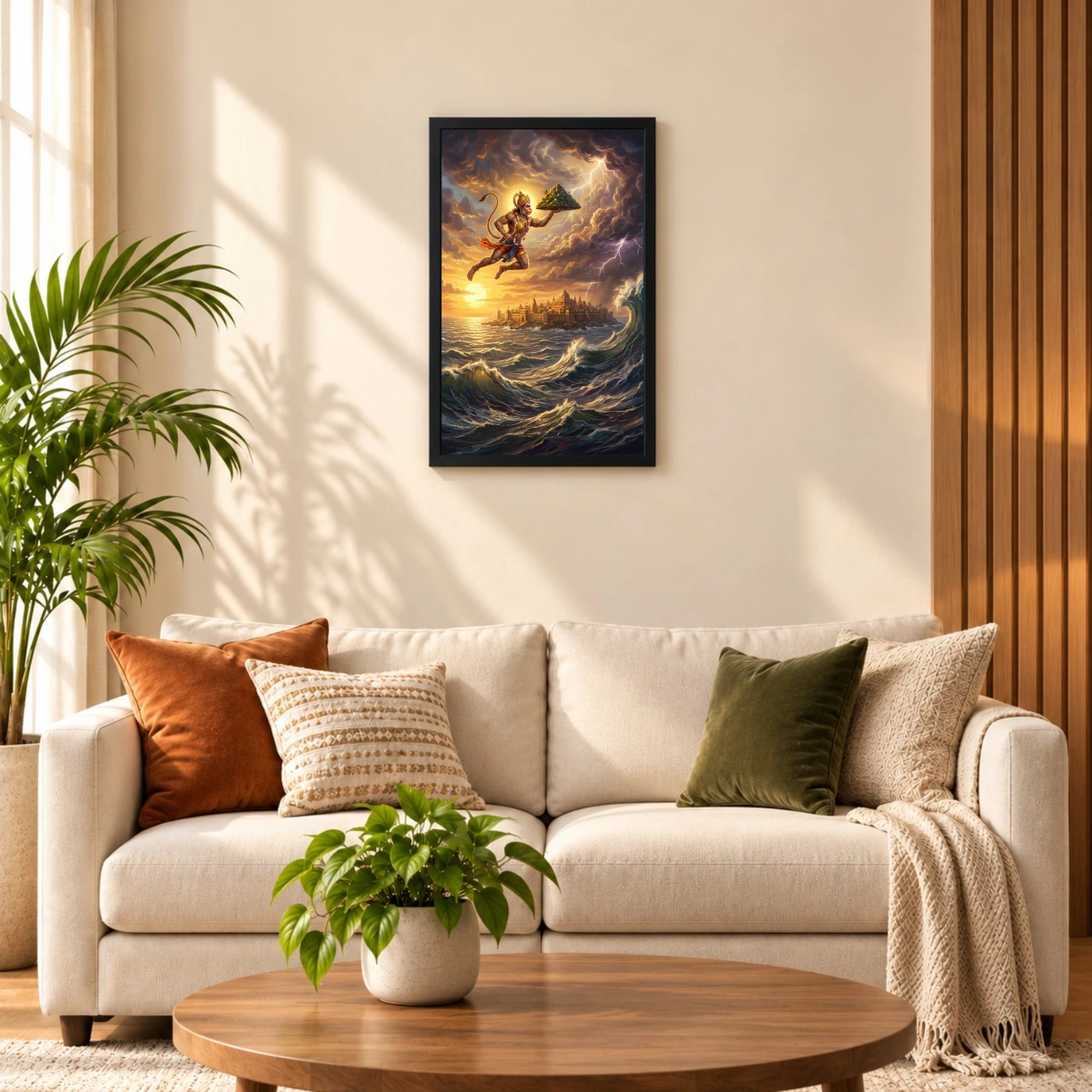 Hanuman Flying Ocean Lanka Golden Glow Ramayana Art Photo Frame, view 8