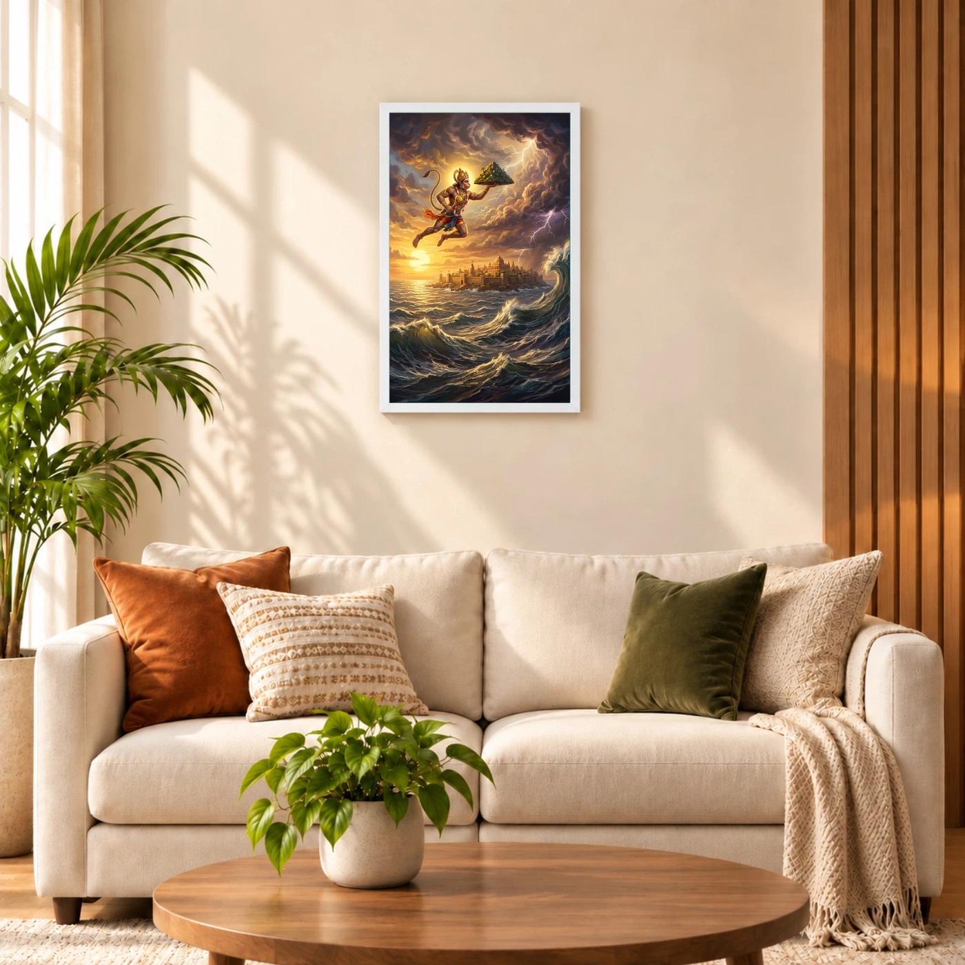 Hanuman Flying Ocean Lanka Golden Glow Ramayana Art Photo Frame, view 9