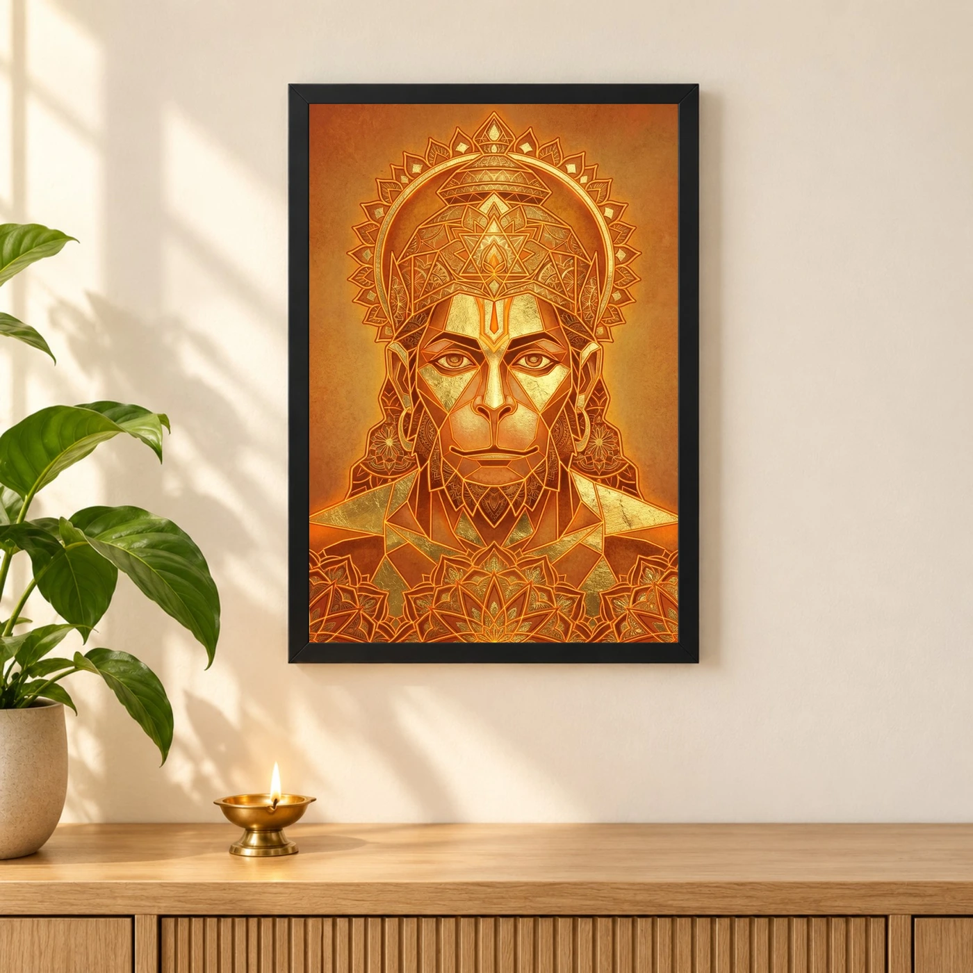 Hanuman Geometric Mandala Orange Gold Sacred Geometry Art Photo Frame, view 3