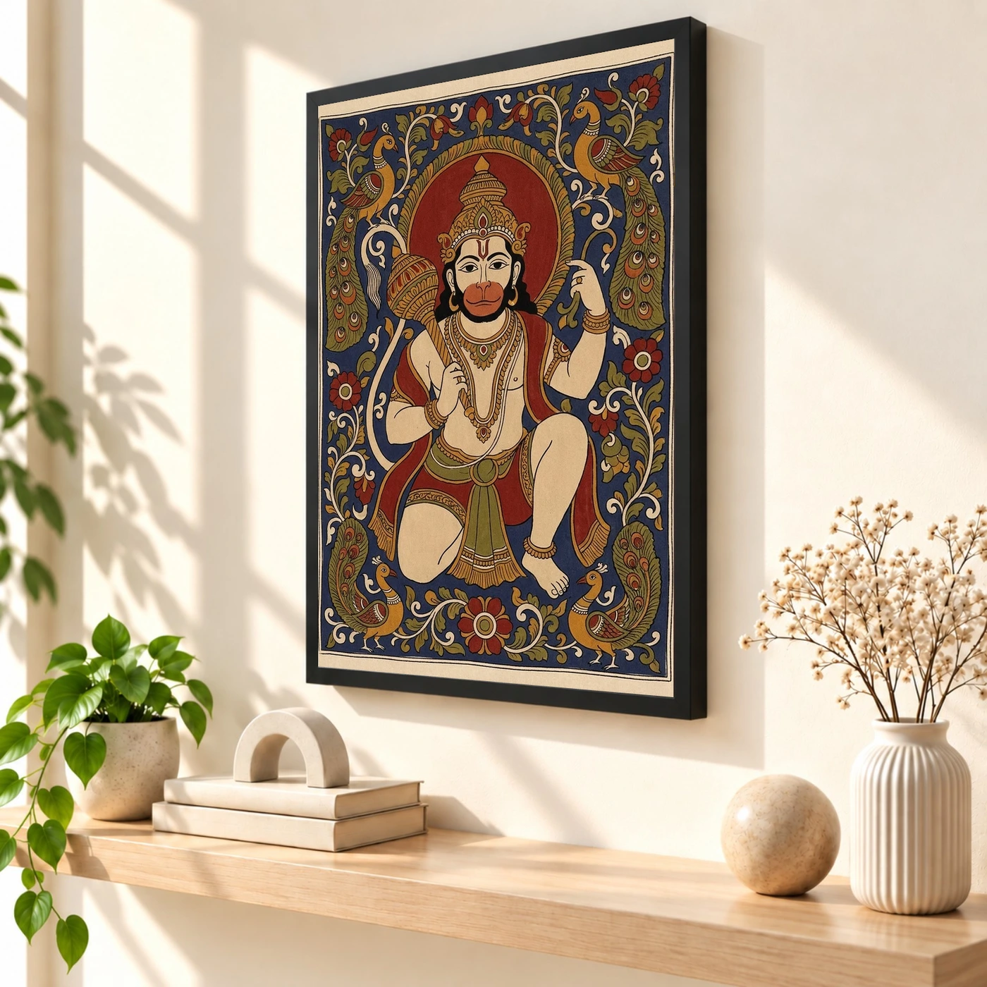 Hanuman Kalamkari Peacock Floral Andhra Traditional Art Photo Frame, view 2