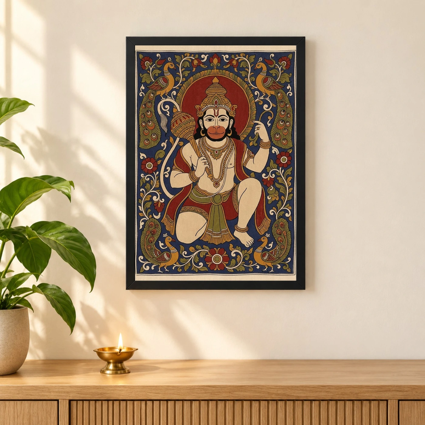 Hanuman Kalamkari Peacock Floral Andhra Traditional Art Photo Frame, view 3