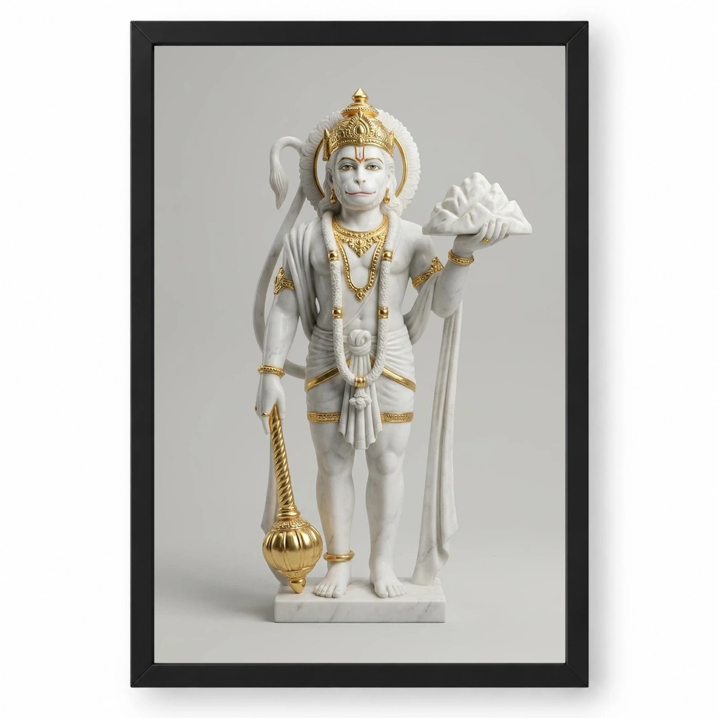 Hanuman Marble Sculpture White Gold Classical Divine Art Photo Frame