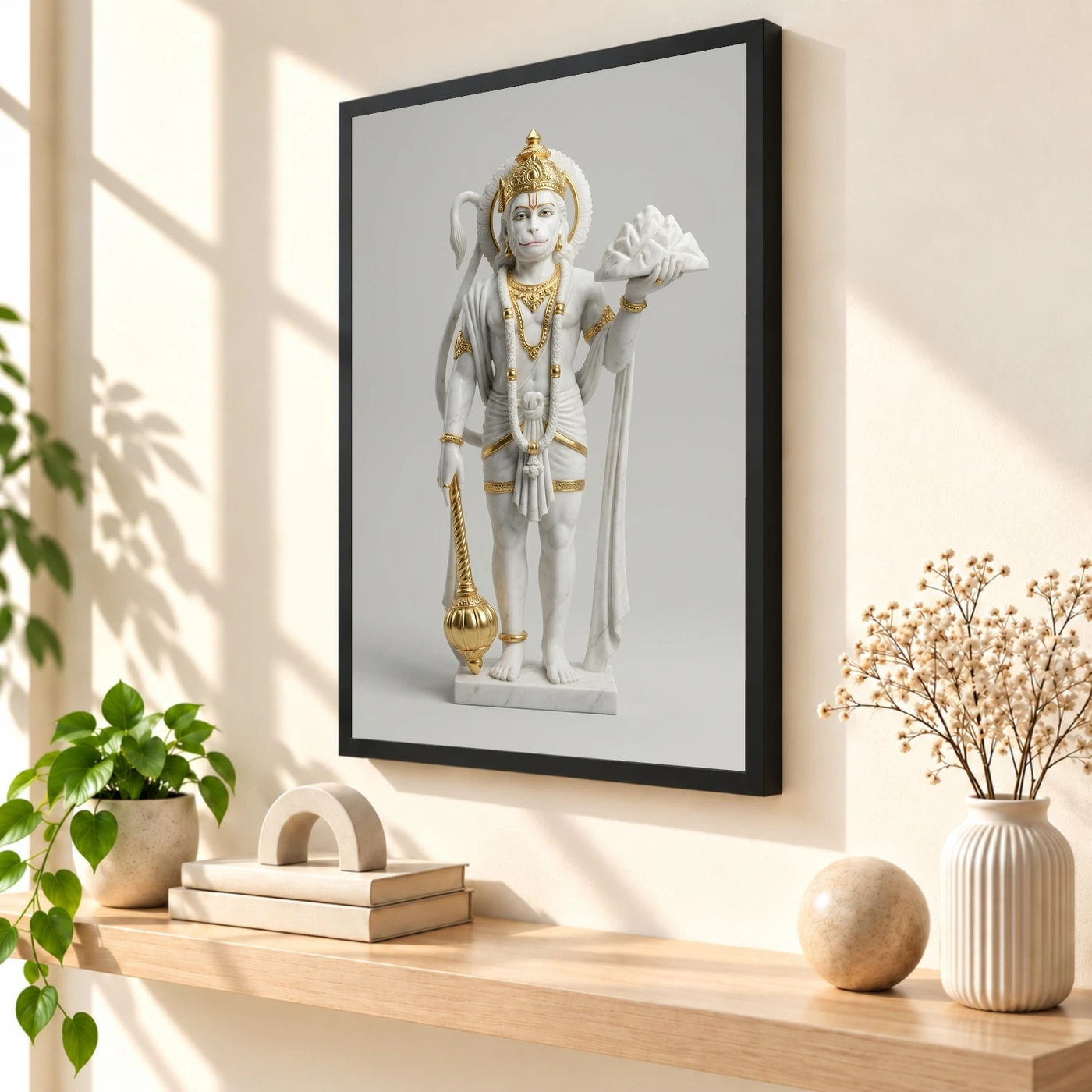 Hanuman Marble Sculpture White Gold Classical Divine Art Photo Frame, view 2