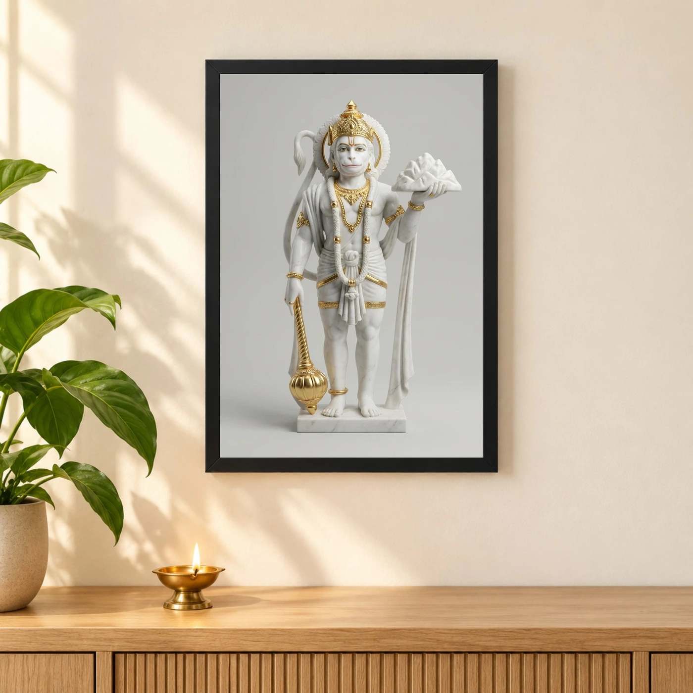 Hanuman Marble Sculpture White Gold Classical Divine Art Photo Frame, view 3