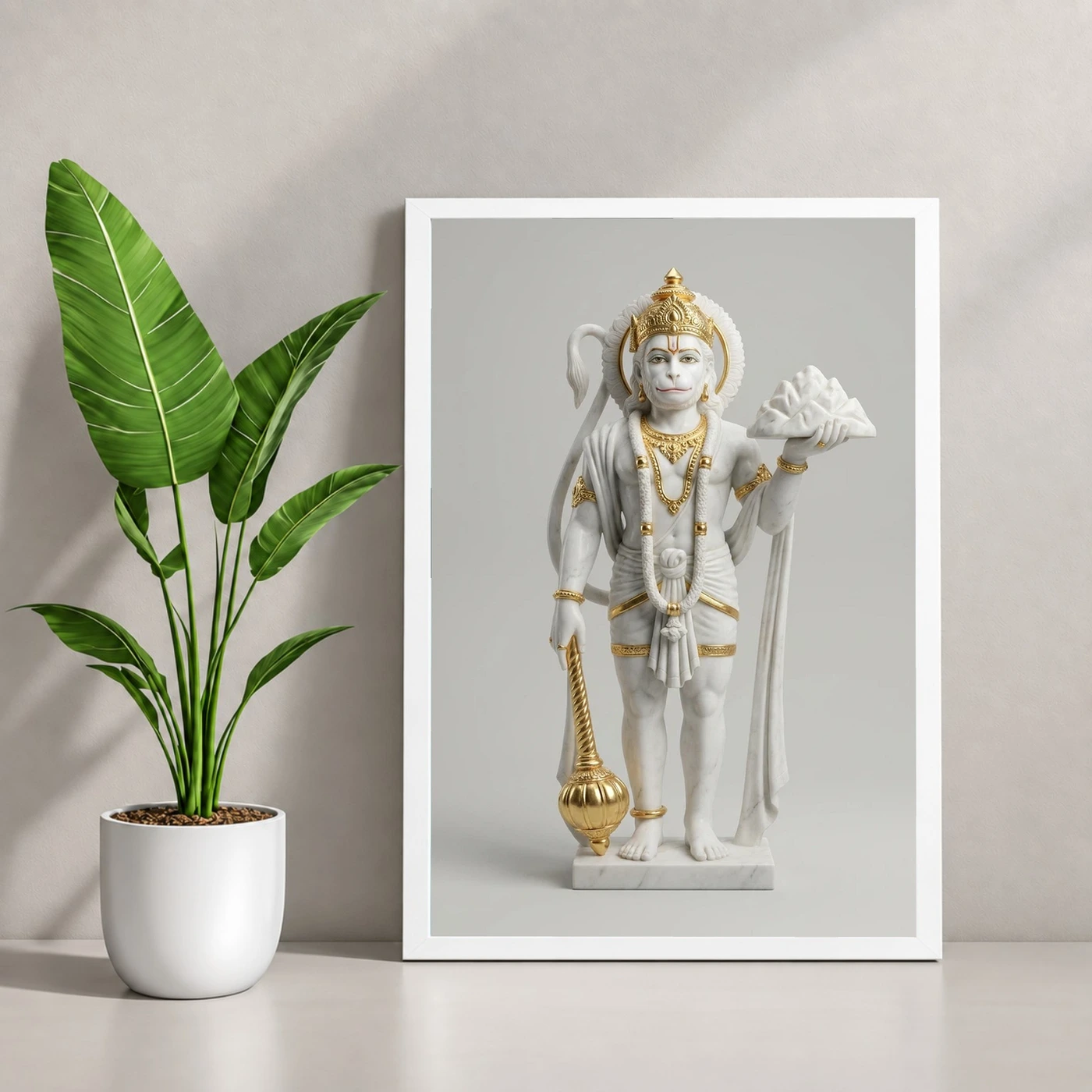 Hanuman Marble Sculpture White Gold Classical Divine Art Photo Frame, view 4