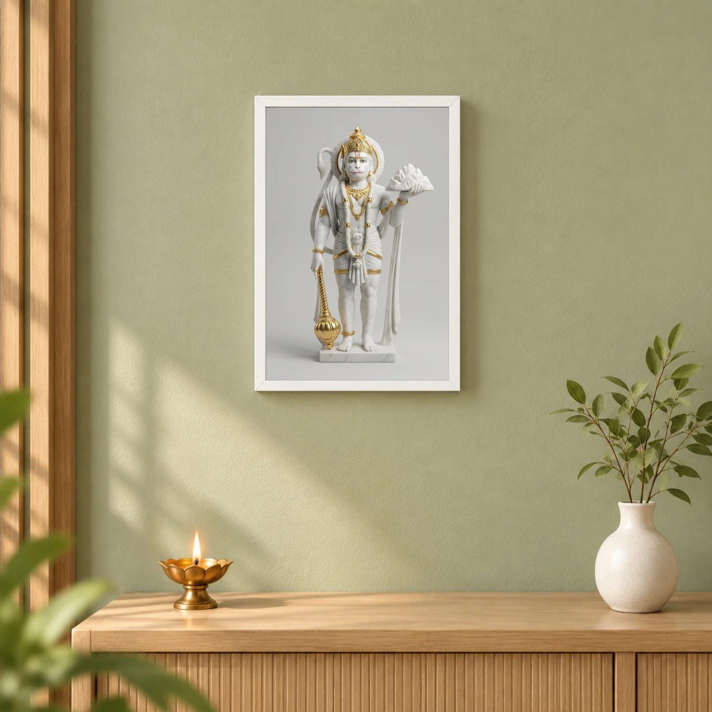 Hanuman Marble Sculpture White Gold Classical Divine Art Photo Frame, view 6