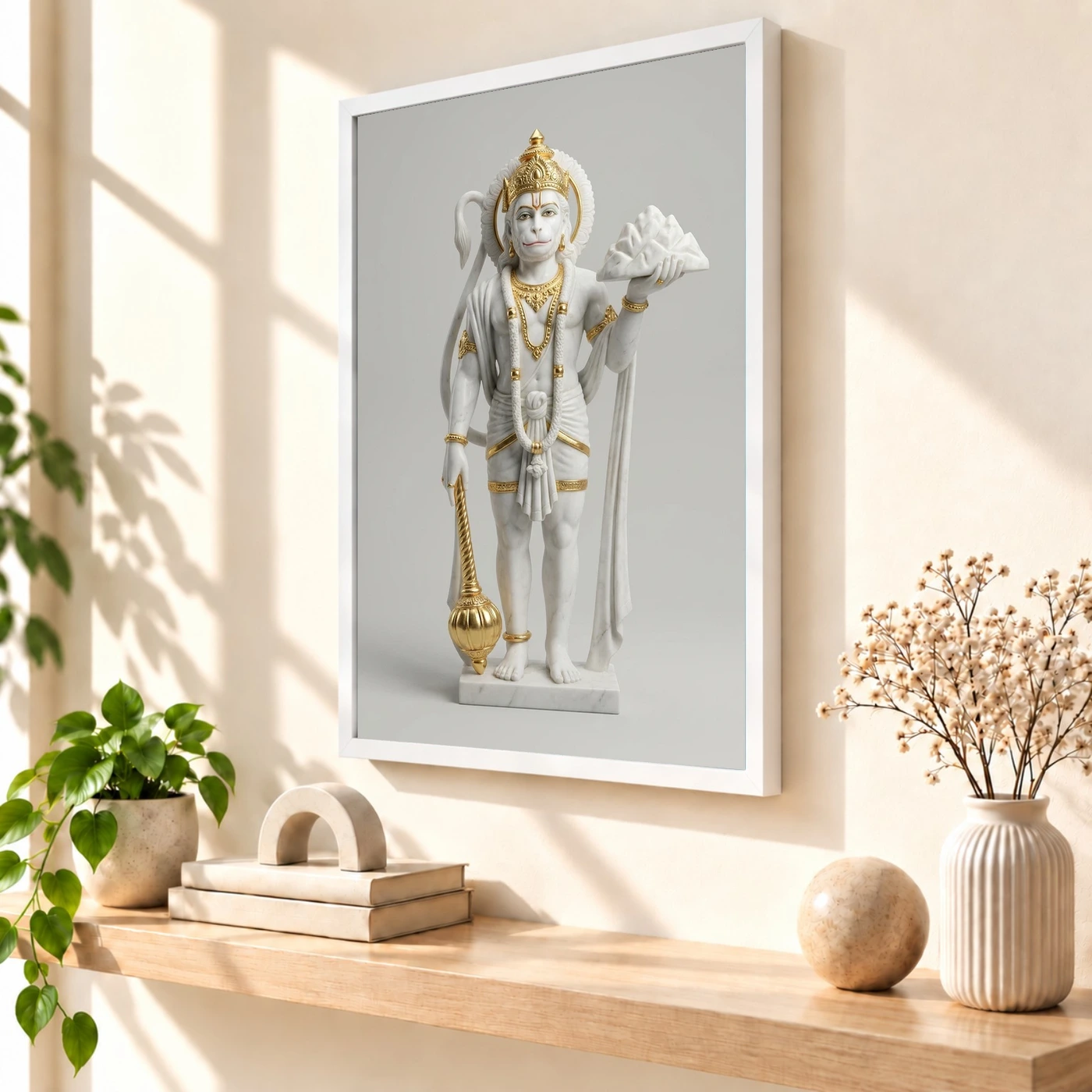 Hanuman Marble Sculpture White Gold Classical Divine Art Photo Frame, view 7