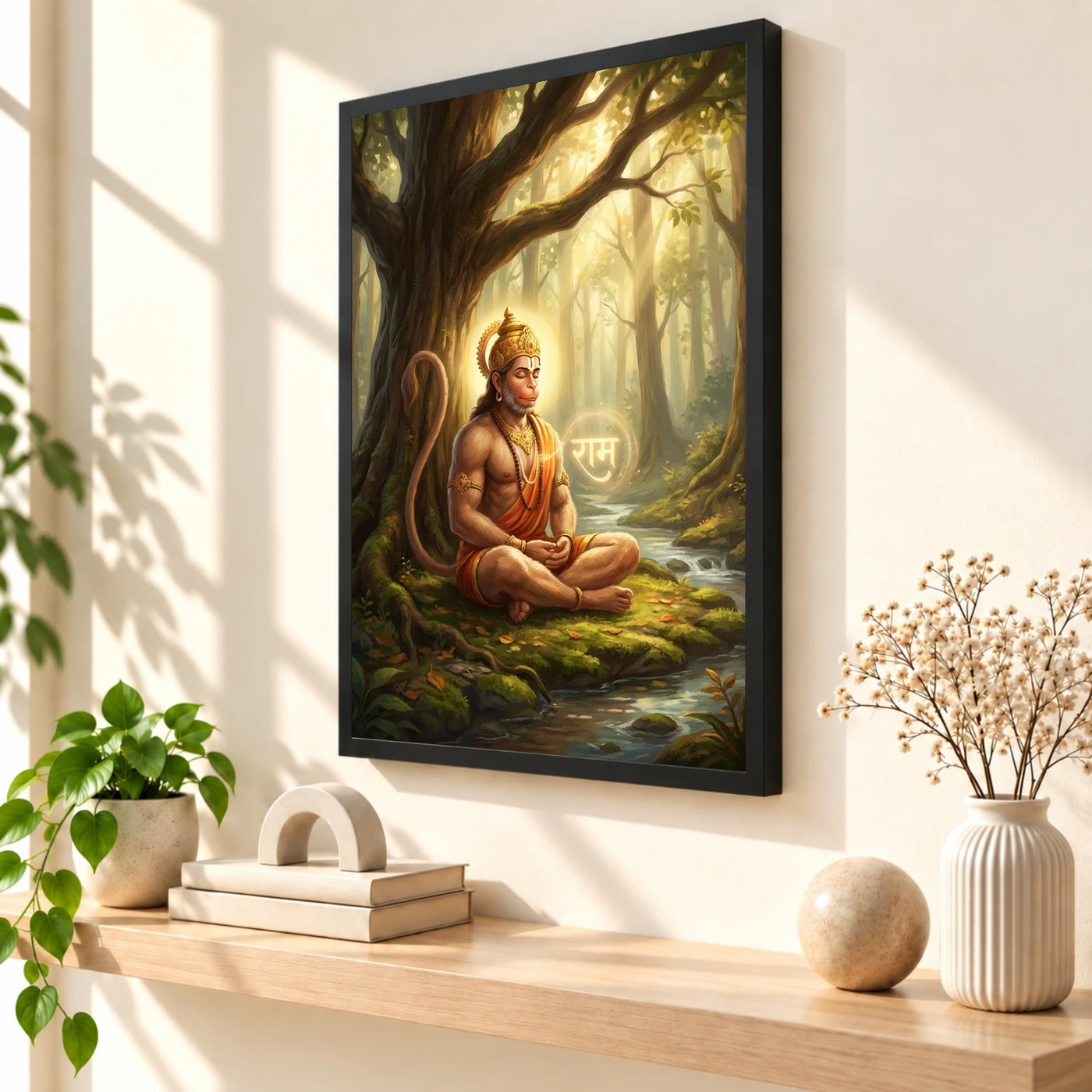 Hanuman Meditating Ram Naam Forest Golden Spiritual Art Photo Frame, view 2