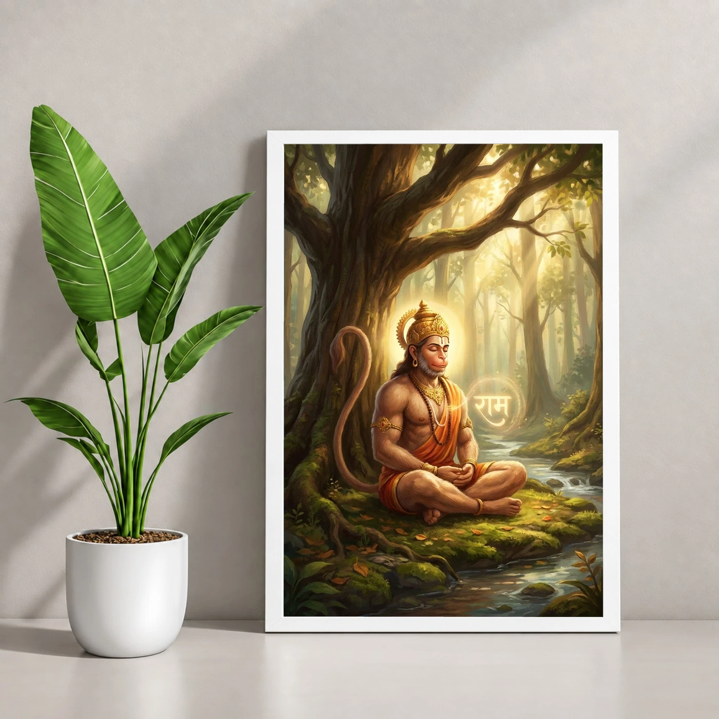Hanuman Meditating Ram Naam Forest Golden Spiritual Art Photo Frame, view 4