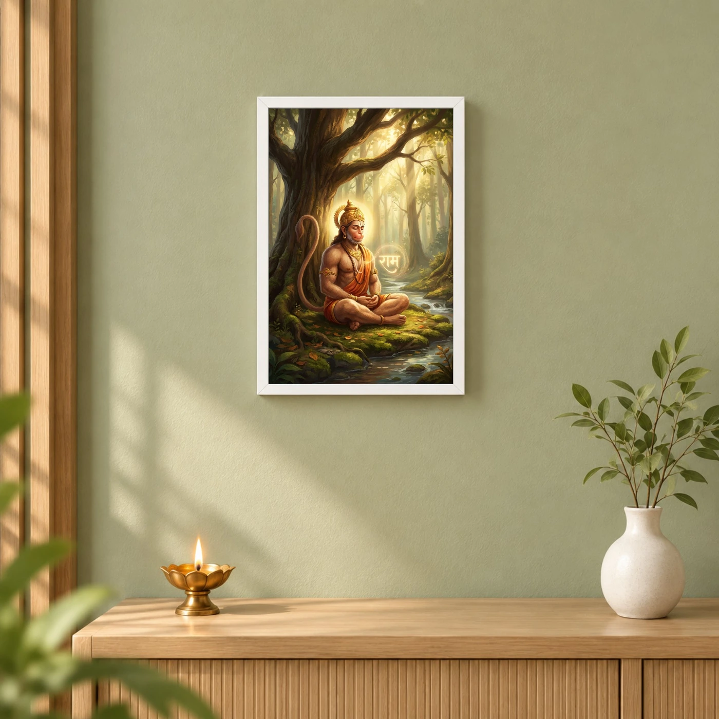 Hanuman Meditating Ram Naam Forest Golden Spiritual Art Photo Frame, view 6