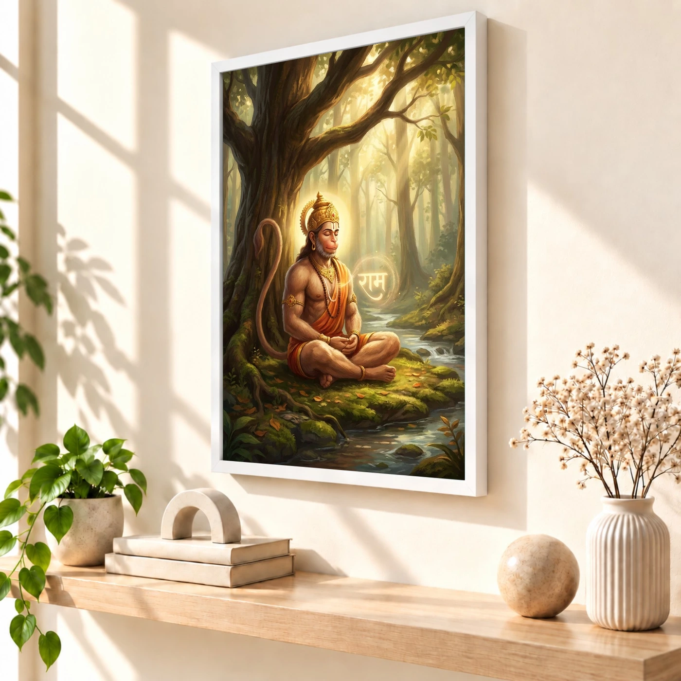 Hanuman Meditating Ram Naam Forest Golden Spiritual Art Photo Frame, view 7