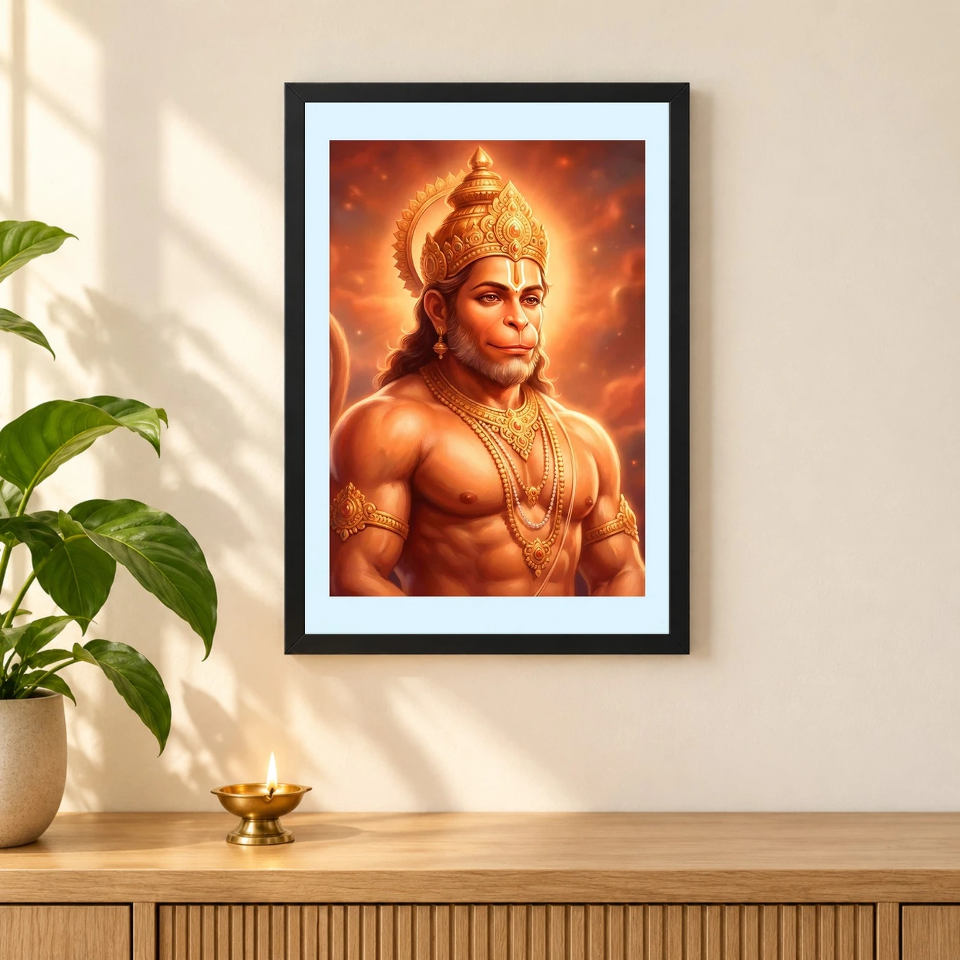 Hanuman Portrait Realistic Digital Orange Glow Divine Art Photo Frame, view 3