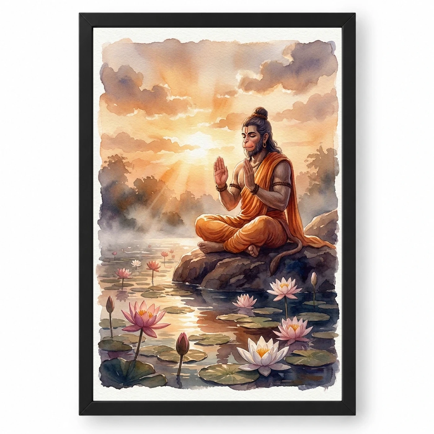 Hanuman Sunrise Lotus Orange Glow Blessing Watercolor Photo Frame