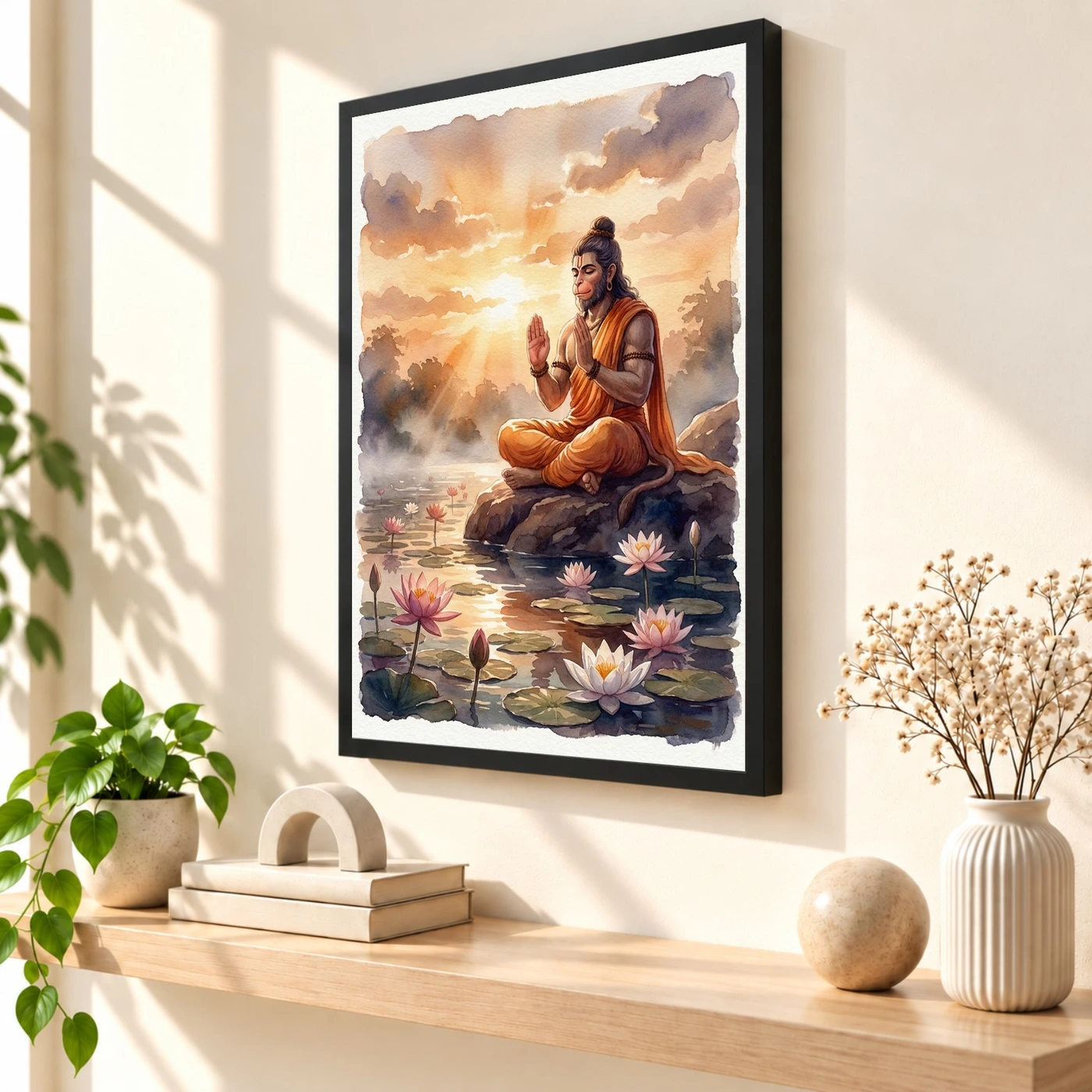 Hanuman Sunrise Lotus Orange Glow Blessing Watercolor Photo Frame, view 2