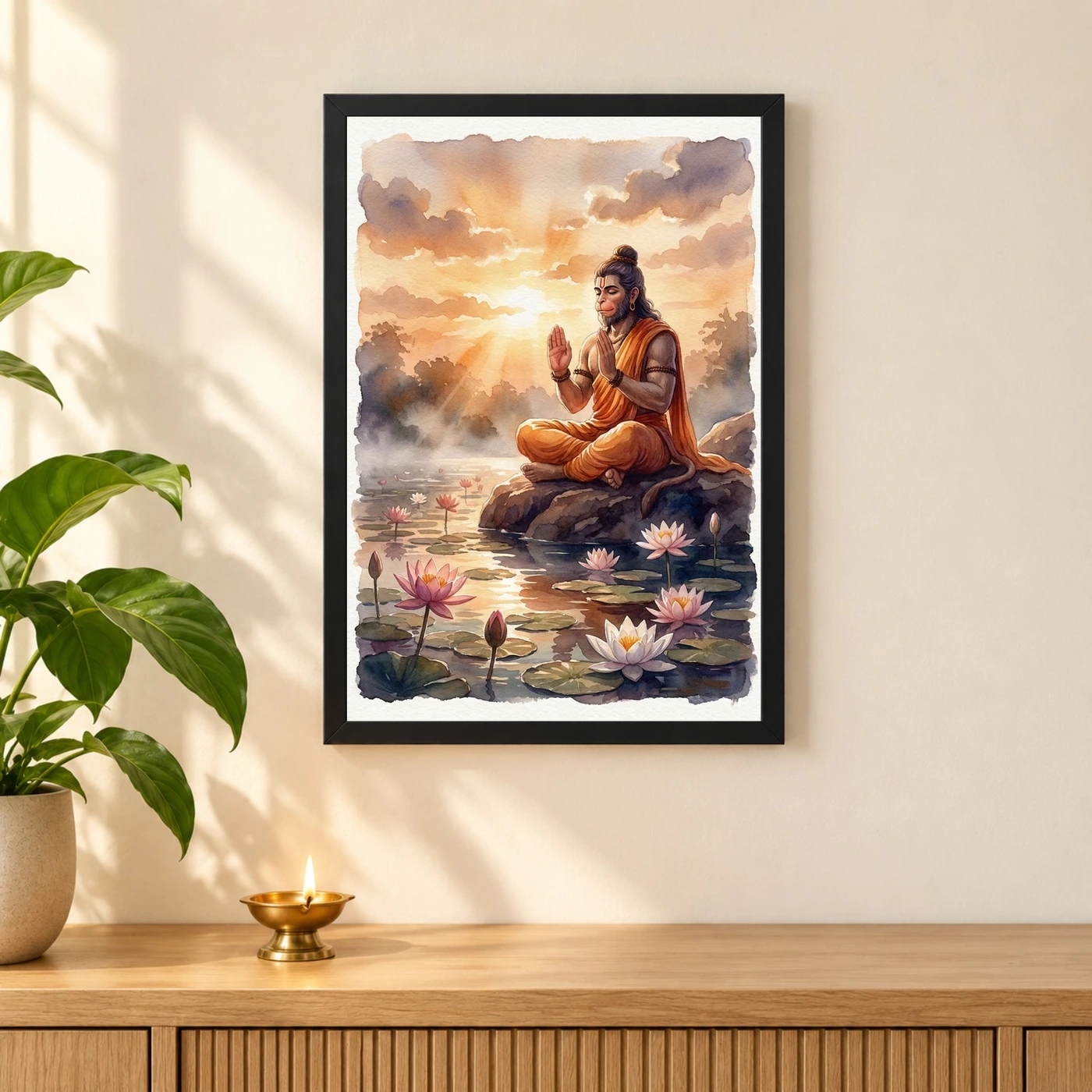 Hanuman Sunrise Lotus Orange Glow Blessing Watercolor Photo Frame, view 3