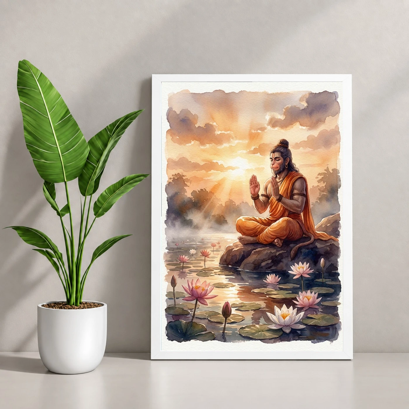 Hanuman Sunrise Lotus Orange Glow Blessing Watercolor Photo Frame, view 4