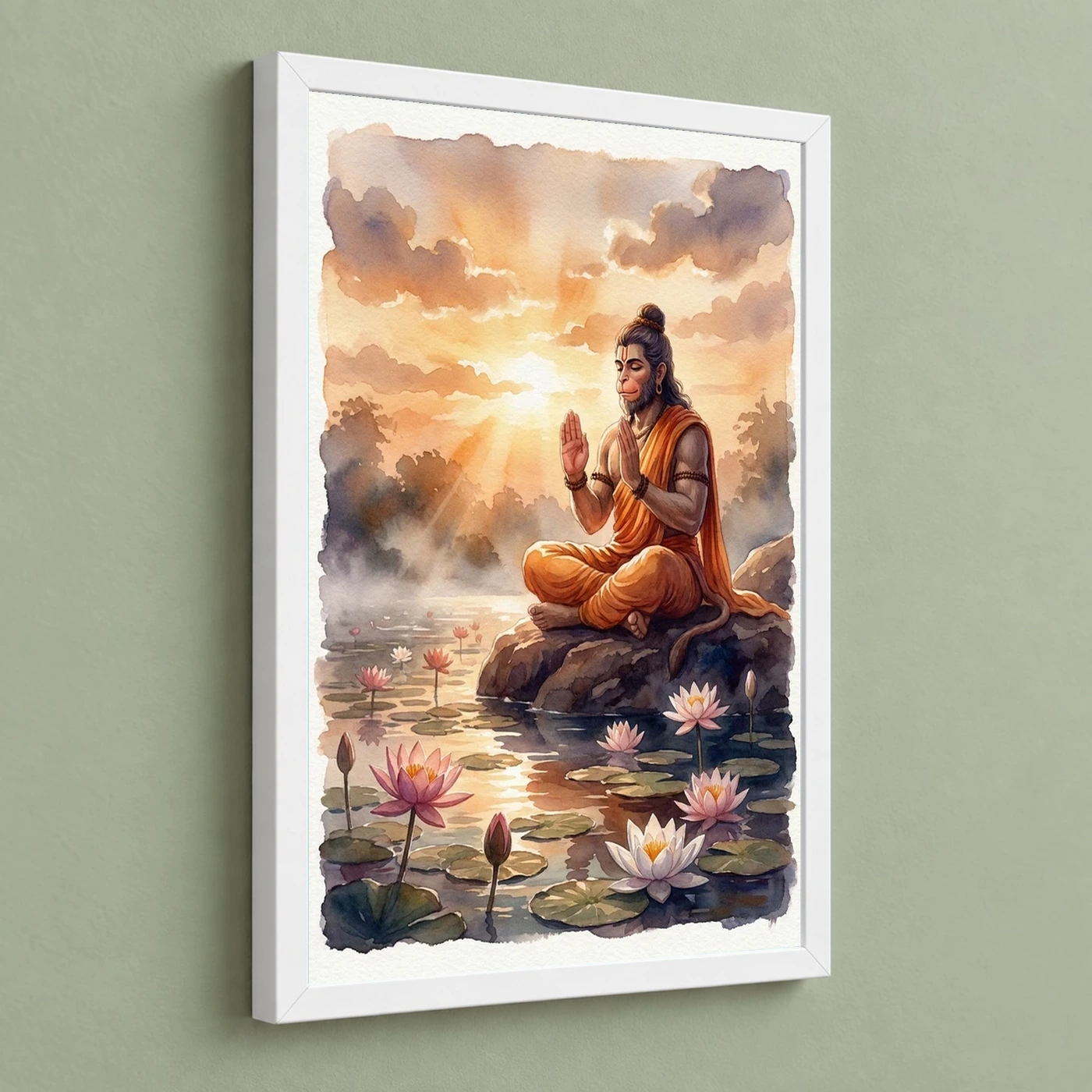 Hanuman Sunrise Lotus Orange Glow Blessing Watercolor Photo Frame, view 5