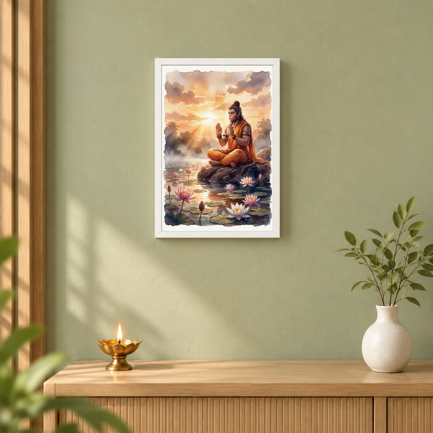 Hanuman Sunrise Lotus Orange Glow Blessing Watercolor Photo Frame, view 6