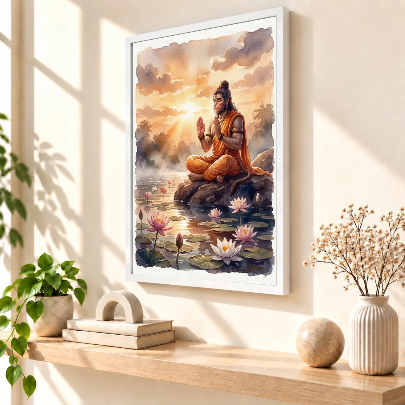 Hanuman Sunrise Lotus Orange Glow Blessing Watercolor Photo Frame, view 7