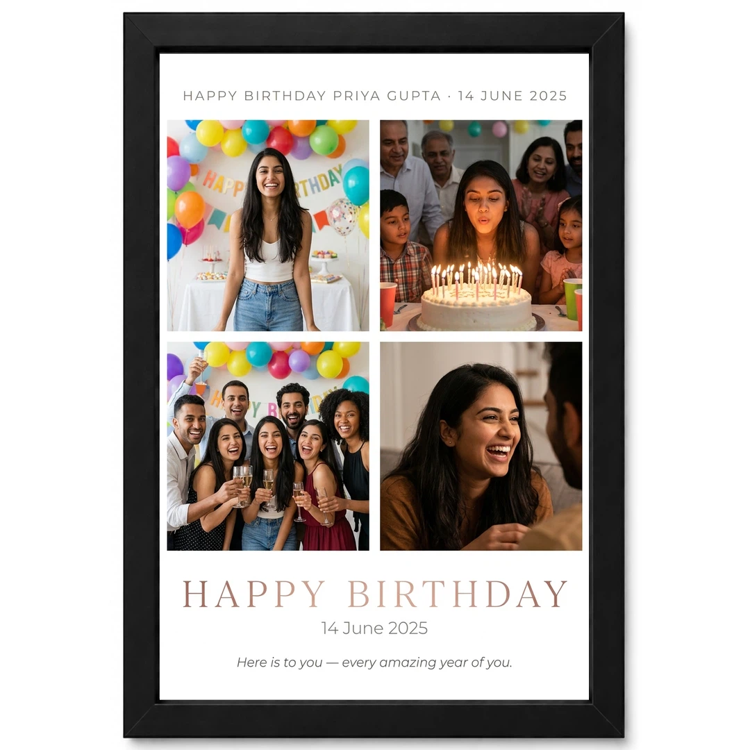 Happy Birthday Collage Frame Gold Glitter Festive Wishes Photo Frame