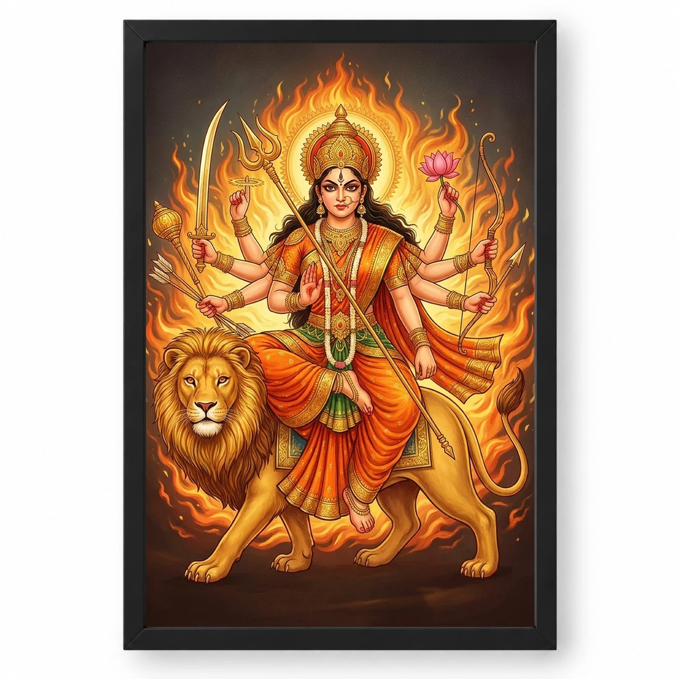 Katyayani Durga Warrior Form Orange Gold Portrait Art Photo Frame