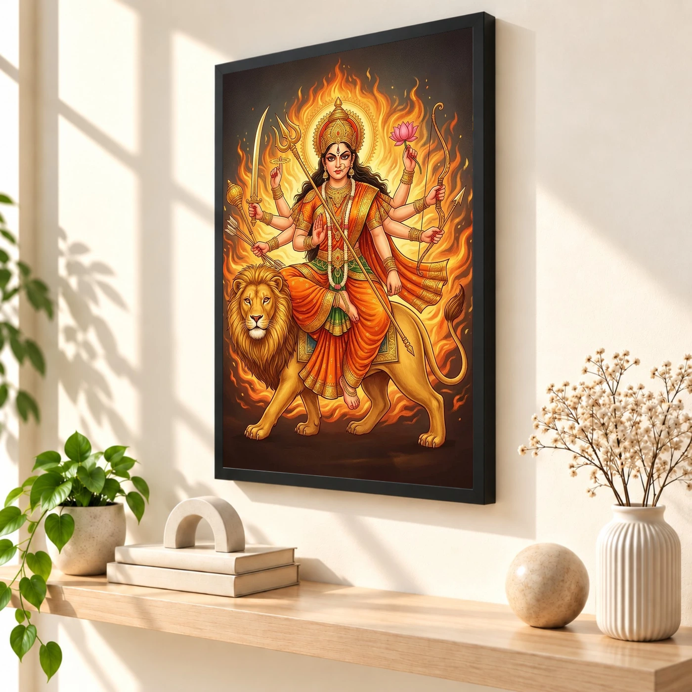 Katyayani Durga Warrior Form Orange Gold Portrait Art Photo Frame, view 2