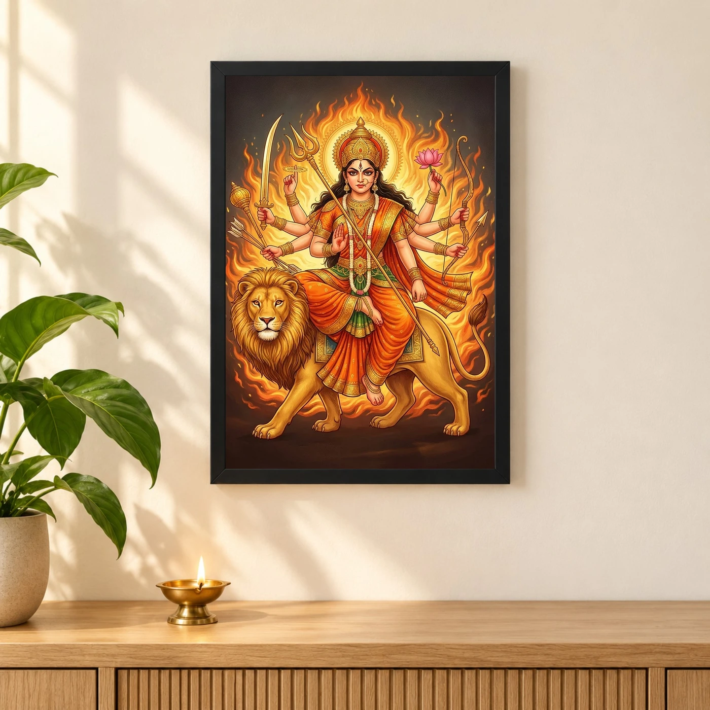 Katyayani Durga Warrior Form Orange Gold Portrait Art Photo Frame, view 3