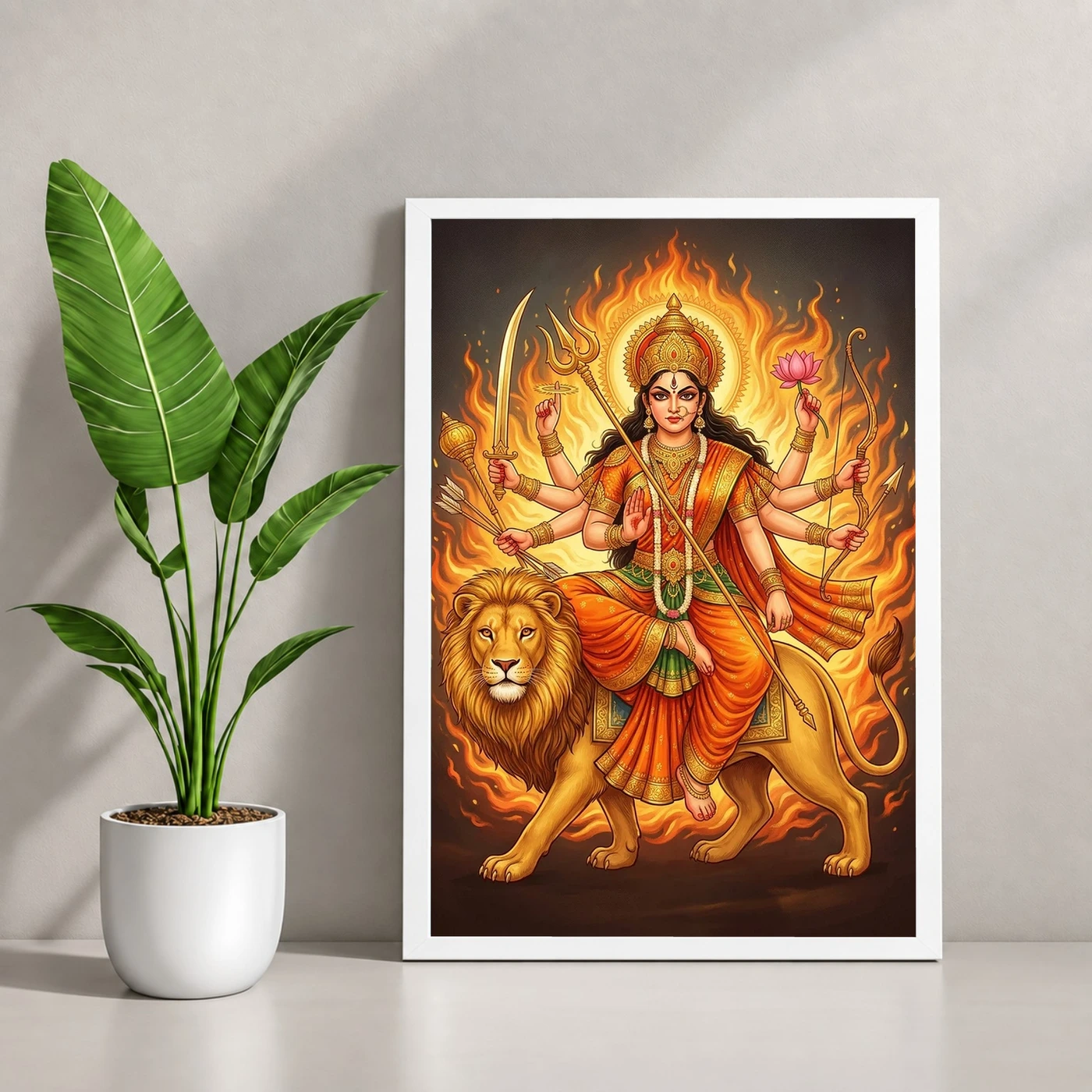 Katyayani Durga Warrior Form Orange Gold Portrait Art Photo Frame, view 4