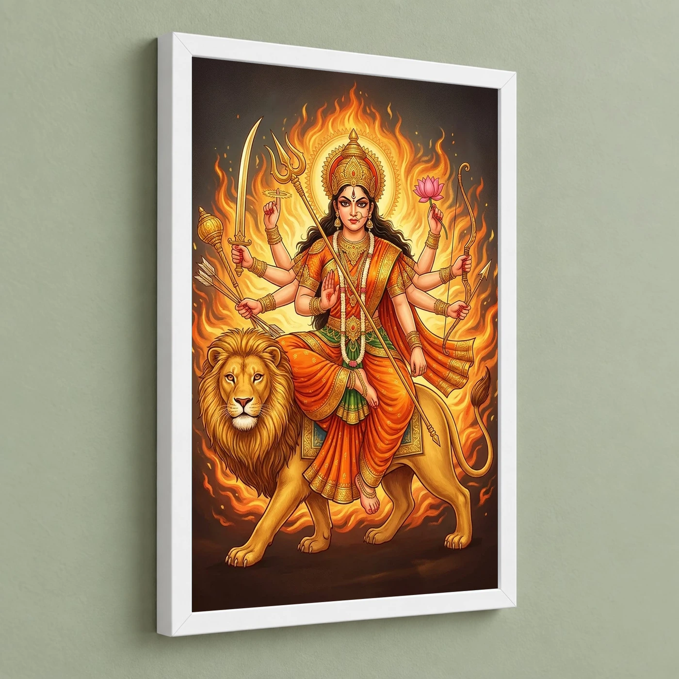Katyayani Durga Warrior Form Orange Gold Portrait Art Photo Frame, view 5