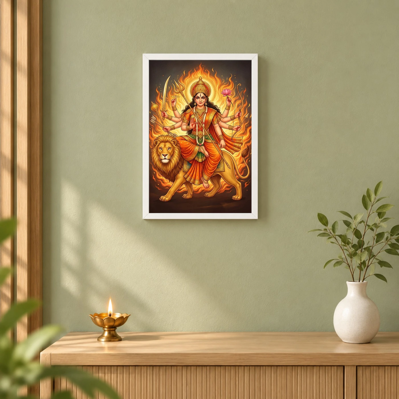Katyayani Durga Warrior Form Orange Gold Portrait Art Photo Frame, view 6