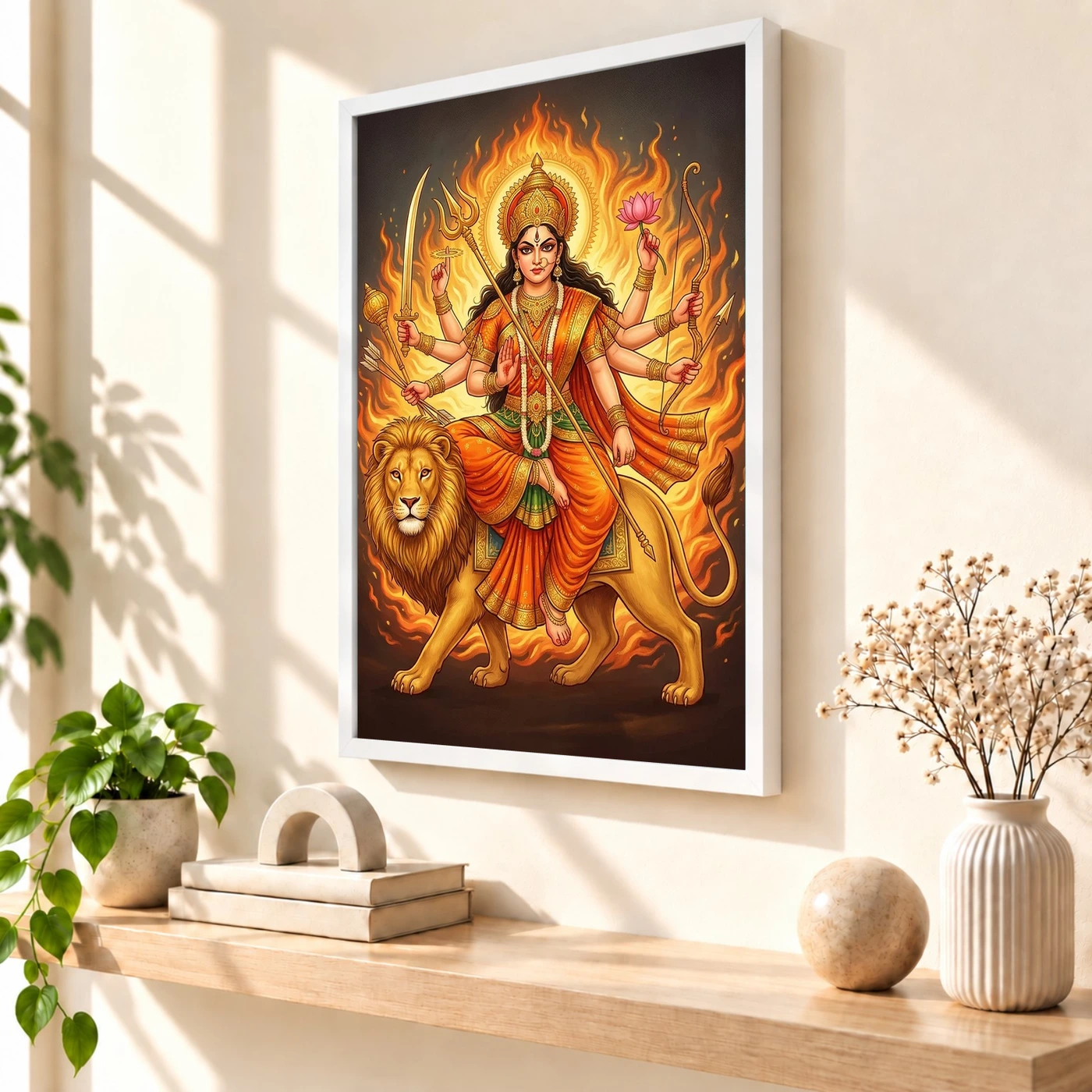 Katyayani Durga Warrior Form Orange Gold Portrait Art Photo Frame, view 7
