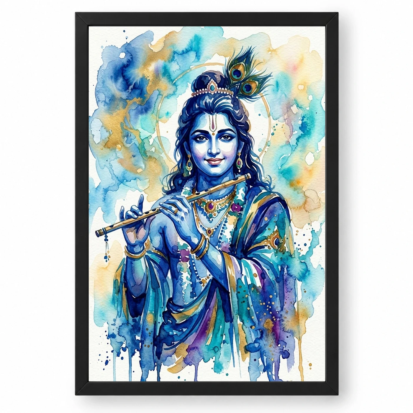 Krishna Contemporary Watercolor Blue Wash Modern Art Photo Frame