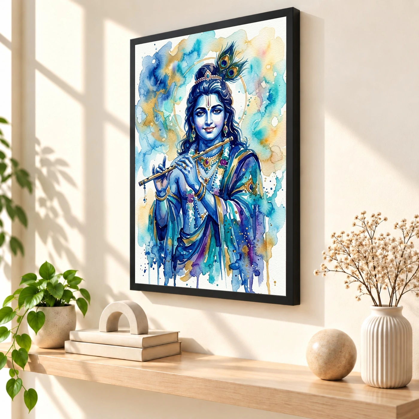 Krishna Contemporary Watercolor Blue Wash Modern Art Photo Frame, view 2